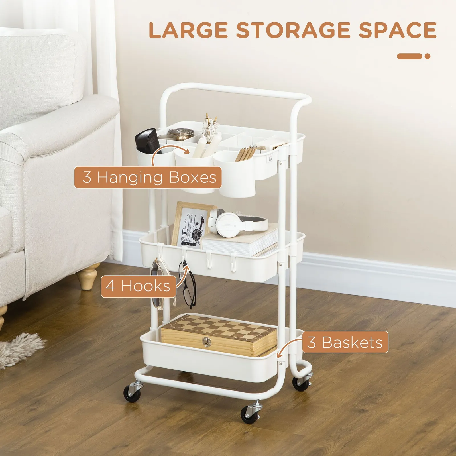 HOMCOM 3-Tier Utility Cart, Rolling Serving Trolley with Baskets, White 4