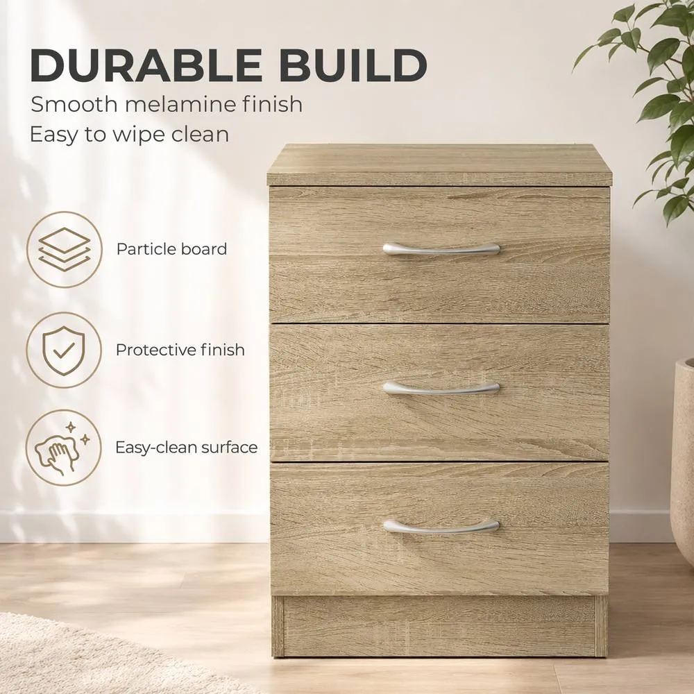HOMCOM Modern 3 Drawers Side Table, Bedside Table with Wood Effect, Oak in Light Oak 6