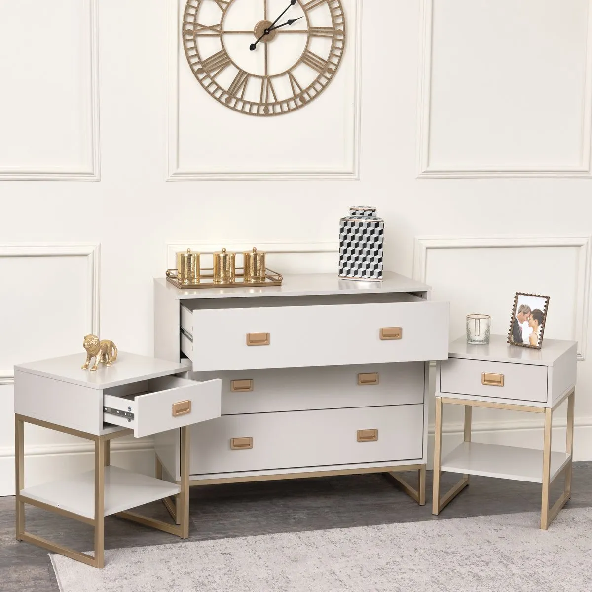 Melody Maison Large 3 Drawer Chest Of Drawers & Pair Of Bedside Tables - Elle Stone Range in Light Grey 2