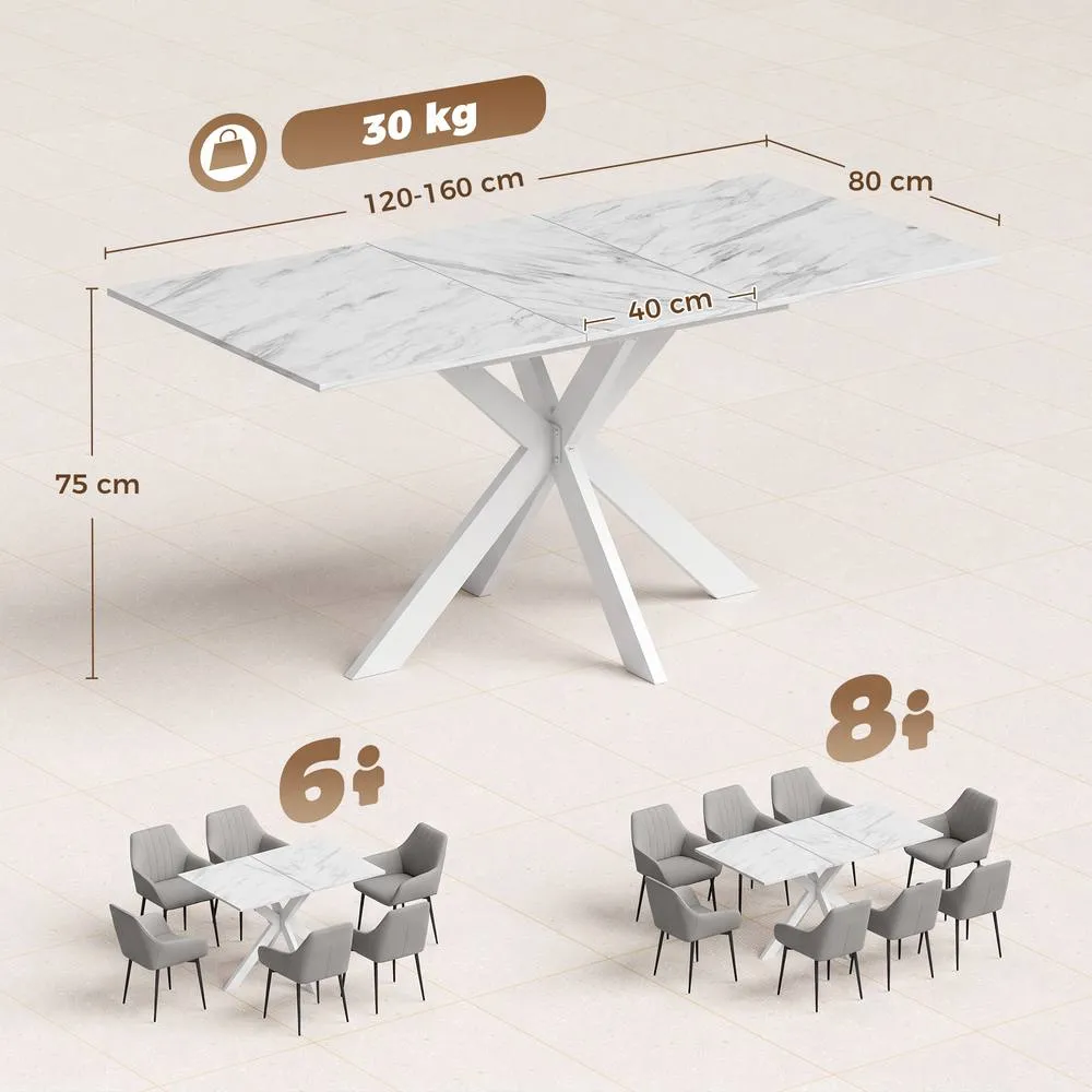 HOMCOM Extendable Dining Table for 4-8 People, Marble Effect in White 3