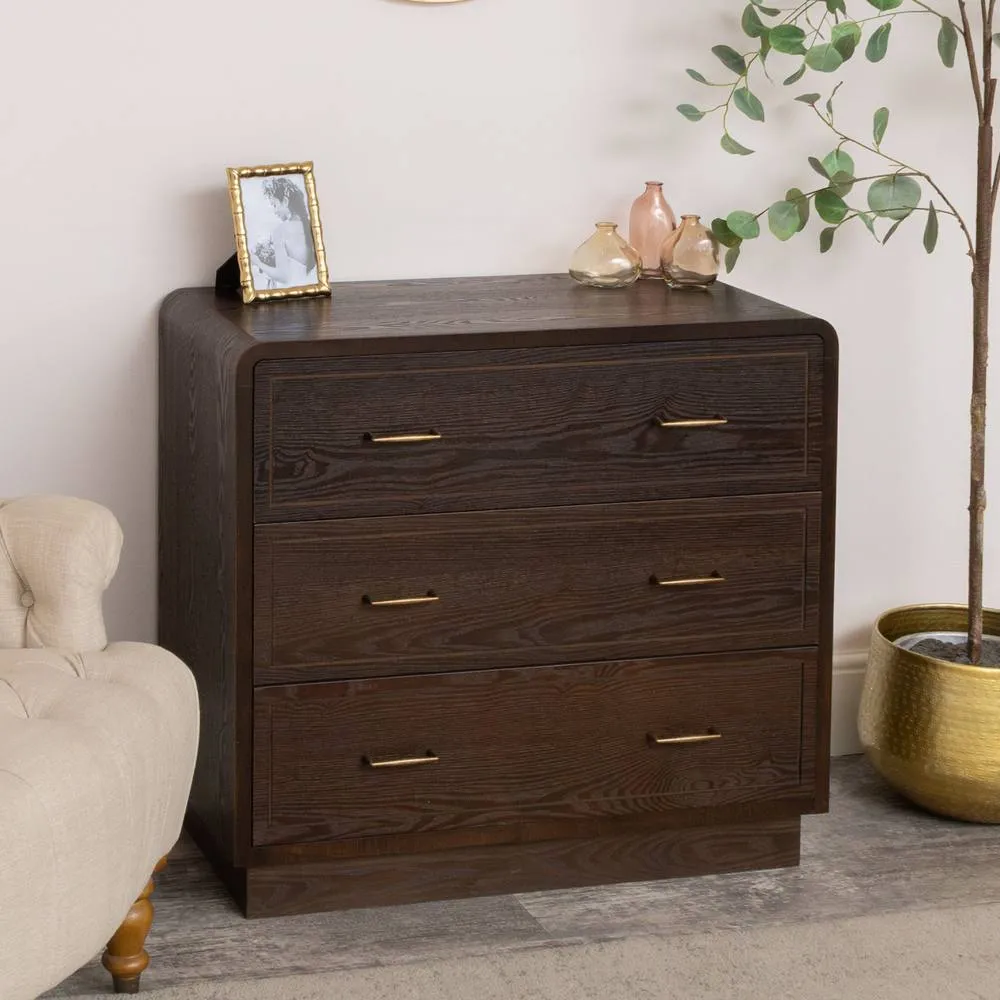 Melody Maison 3 Drawer Dark Wood Chest Of Drawers - Kingsley Range in Brown