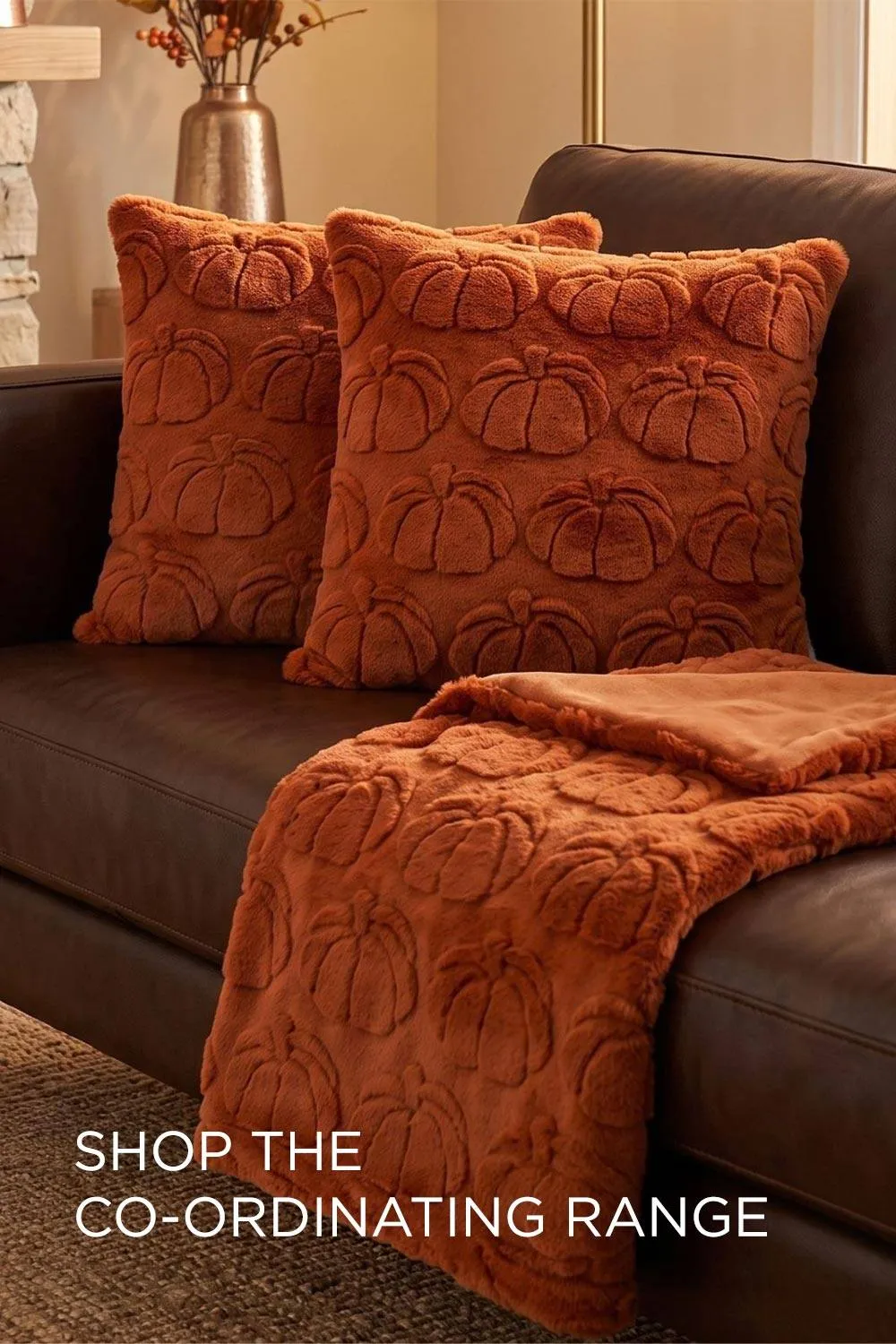 Homescapes Faux Fur Textured Pumpkin Cushion with Cover in Burnt Orange 6