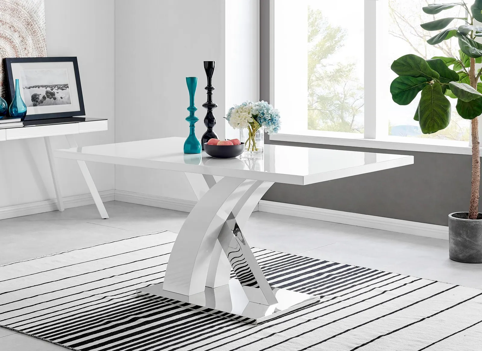 FurnitureboxUK Atlanta 6 White Dining Table & 6 Falun Silver Leg Chairs in Blue 3