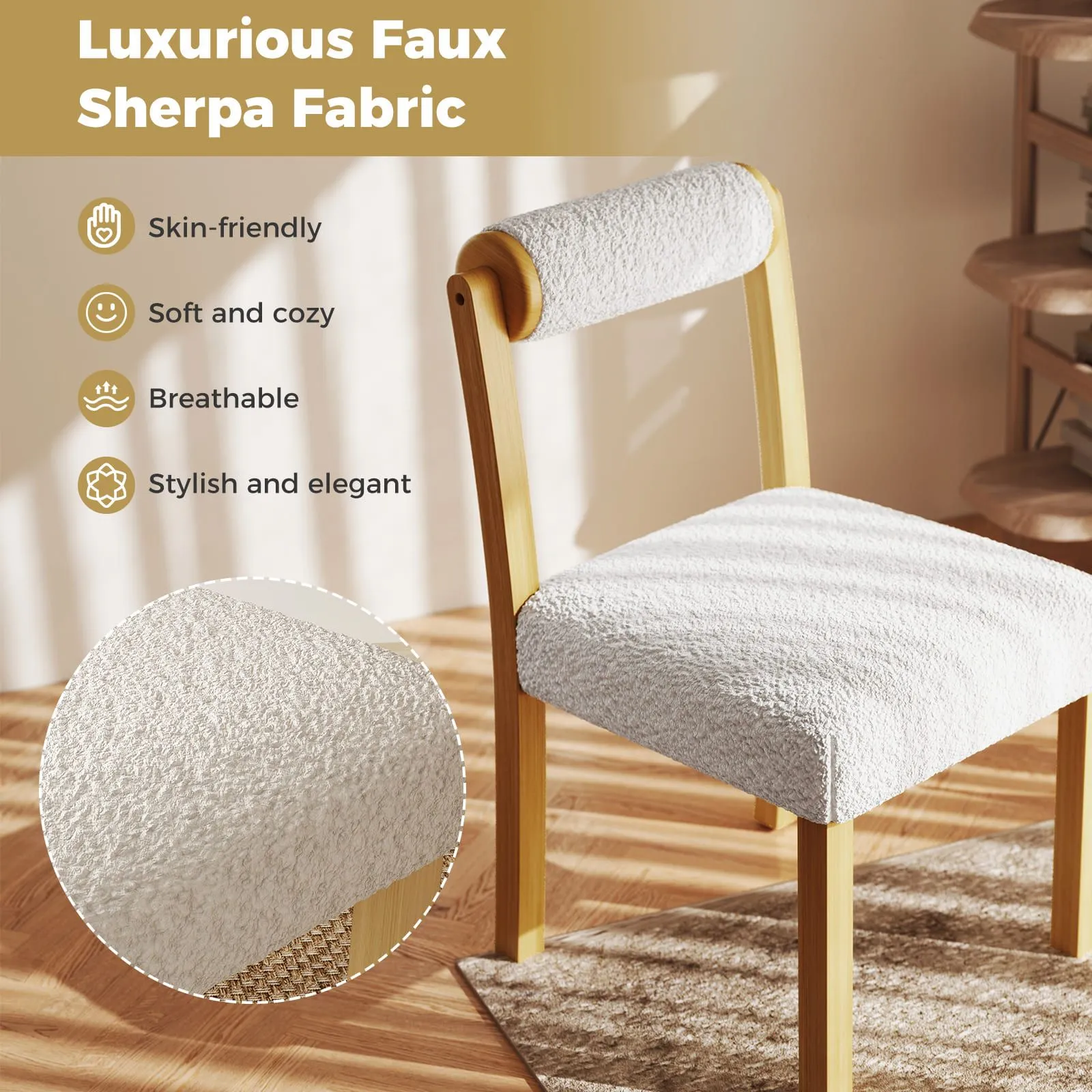 Costway Wooden Dining Chair Set of 2 Faux Sherpa Upholstered Chairs-White in White 4