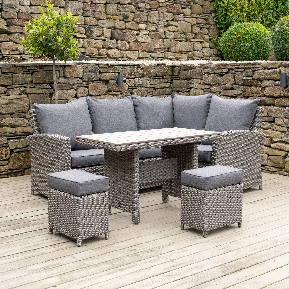 Murcia Compact Garden Corner Set in Stone Grey Weave and Grey Fabric