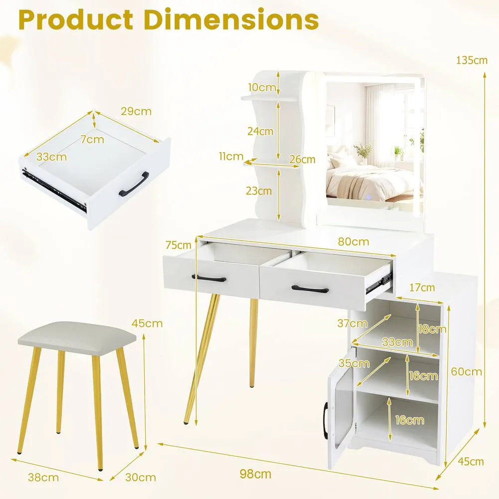 Costway Modern Vanity Set w/ Drawer & Lights Makeup Dressing Table w/ Stool in White 2