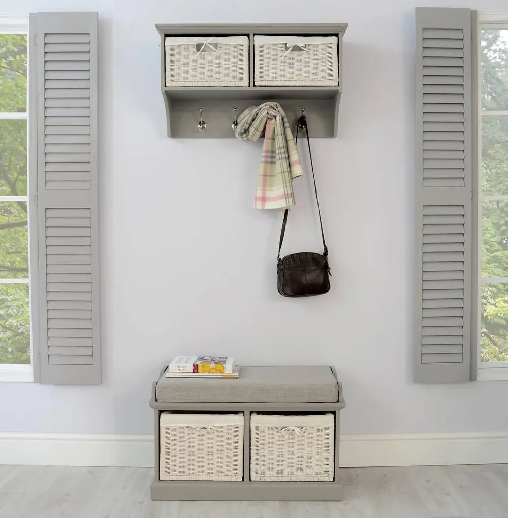 Statement Furniture Tetbury Small Hallway Coat Rack / Shelf with Wicker Storage Baskets in Light Grey 6