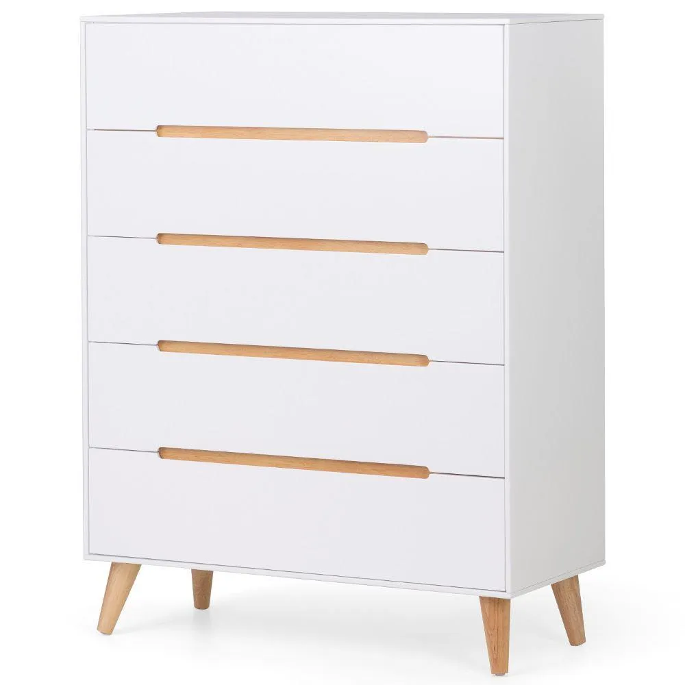 Alicia - 5 Drawer Bedside Table - White/Oak - Wooden - Happy Beds 1