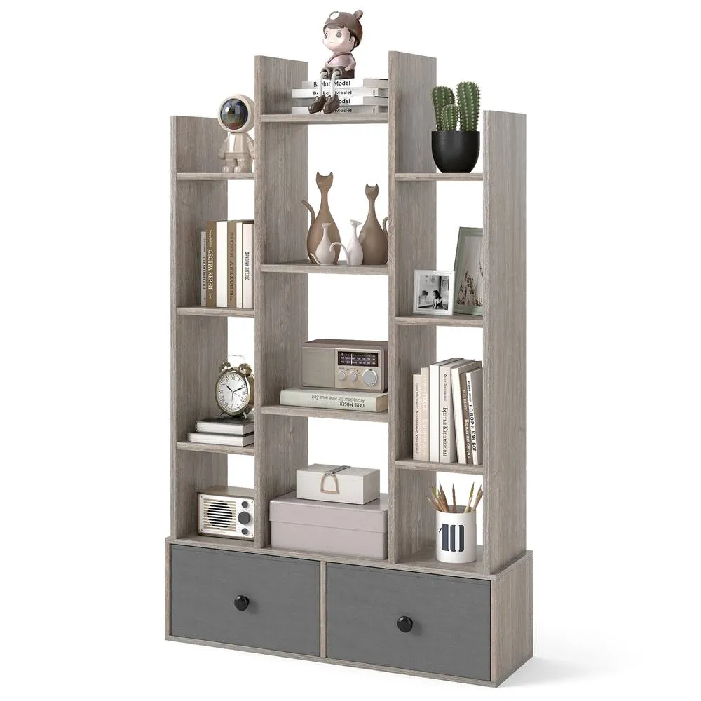 Costway 12 Tier Bookshelf Open Storage Wood Bookcase Organizer Display Shelf in Grey 2