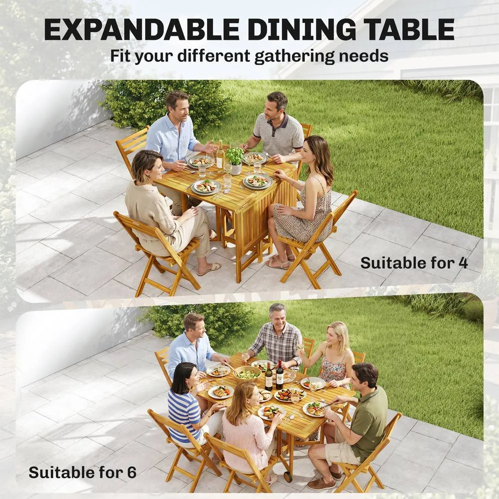OUTSUNNY 7 Pieces Garden Dining Set with Extending Table, 6 Folding Chairs in Natural 5