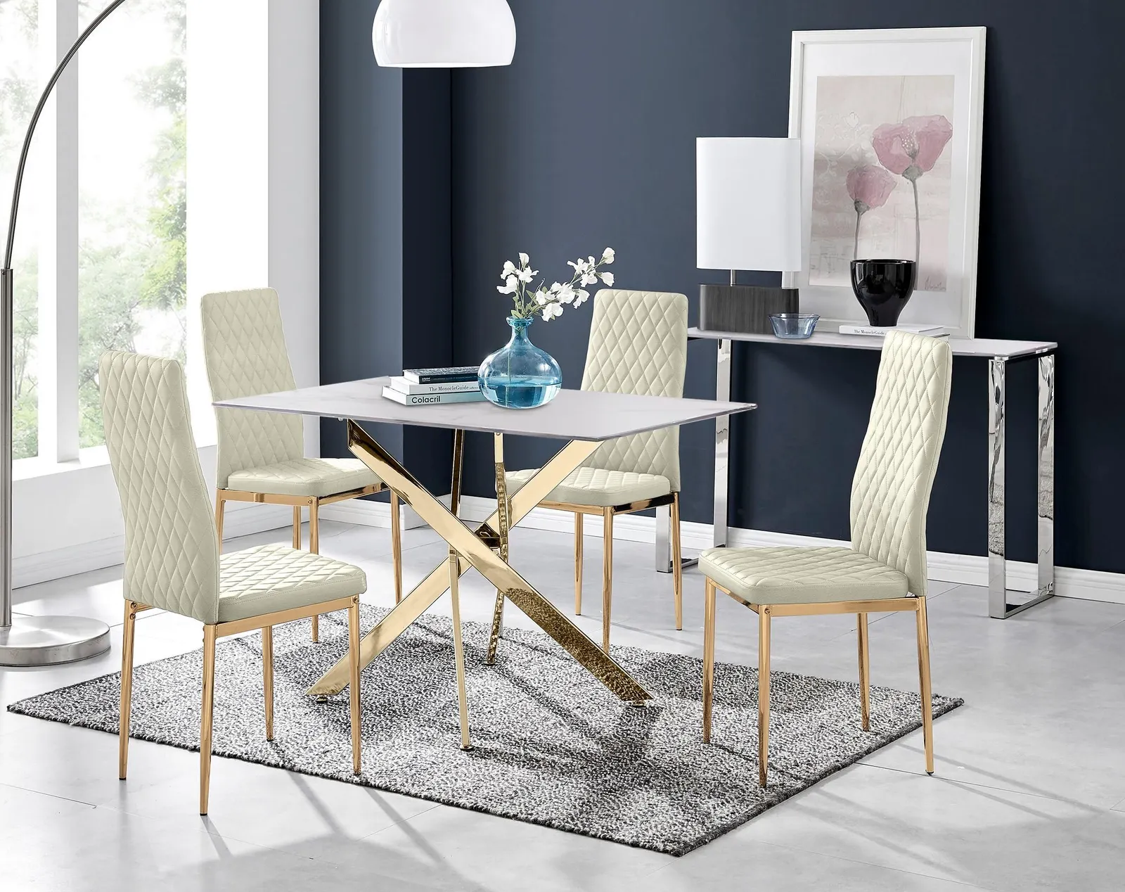 FurnitureboxUK Leonardo White Glass Marble Effect Gold Leg Table & 4 Velvet Milan Gold Leg Chairs in Cream