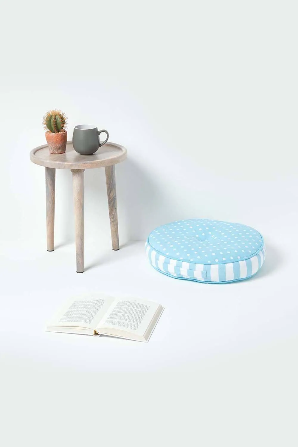 Homescapes Polka Dots & Stripes Round Floor Cushion in Blue 2