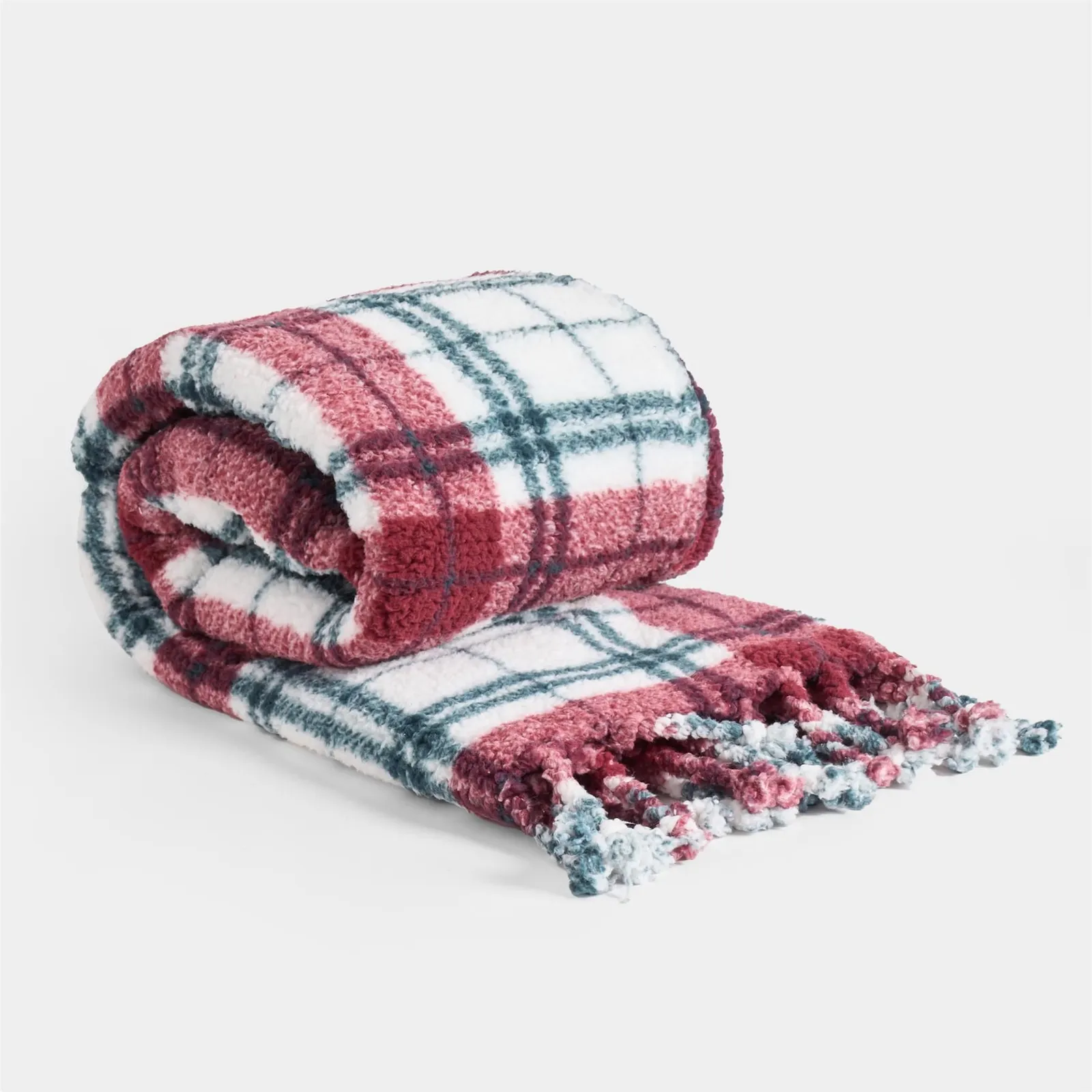 OHS Check Tassel Sherpa Fleece Throw Ultra Soft Cosy Blanket in Green