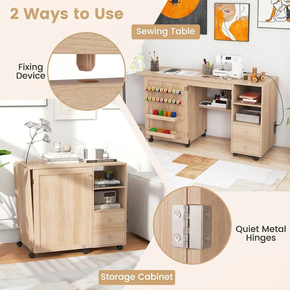 Costway Folding Sewing Table Sewing Machine Cart Table w/Charging Station in Natural 3