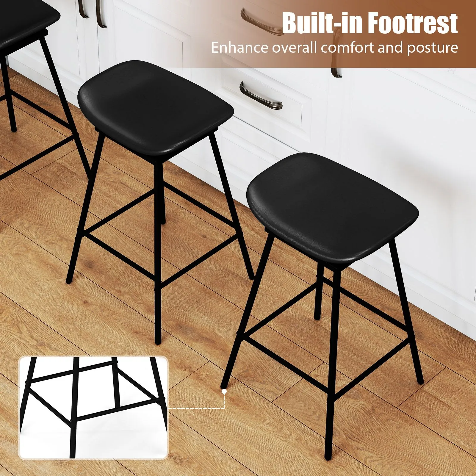 Costway Swivel Barstools Set of 2 Faux Leather Upholstered Backless Bar in Black 2