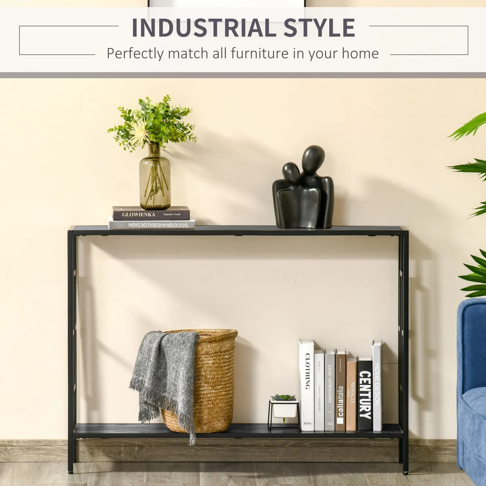 HOMCOM Industrial Console Table w/ Storage Shelf Black Metal Frame in Grey 4