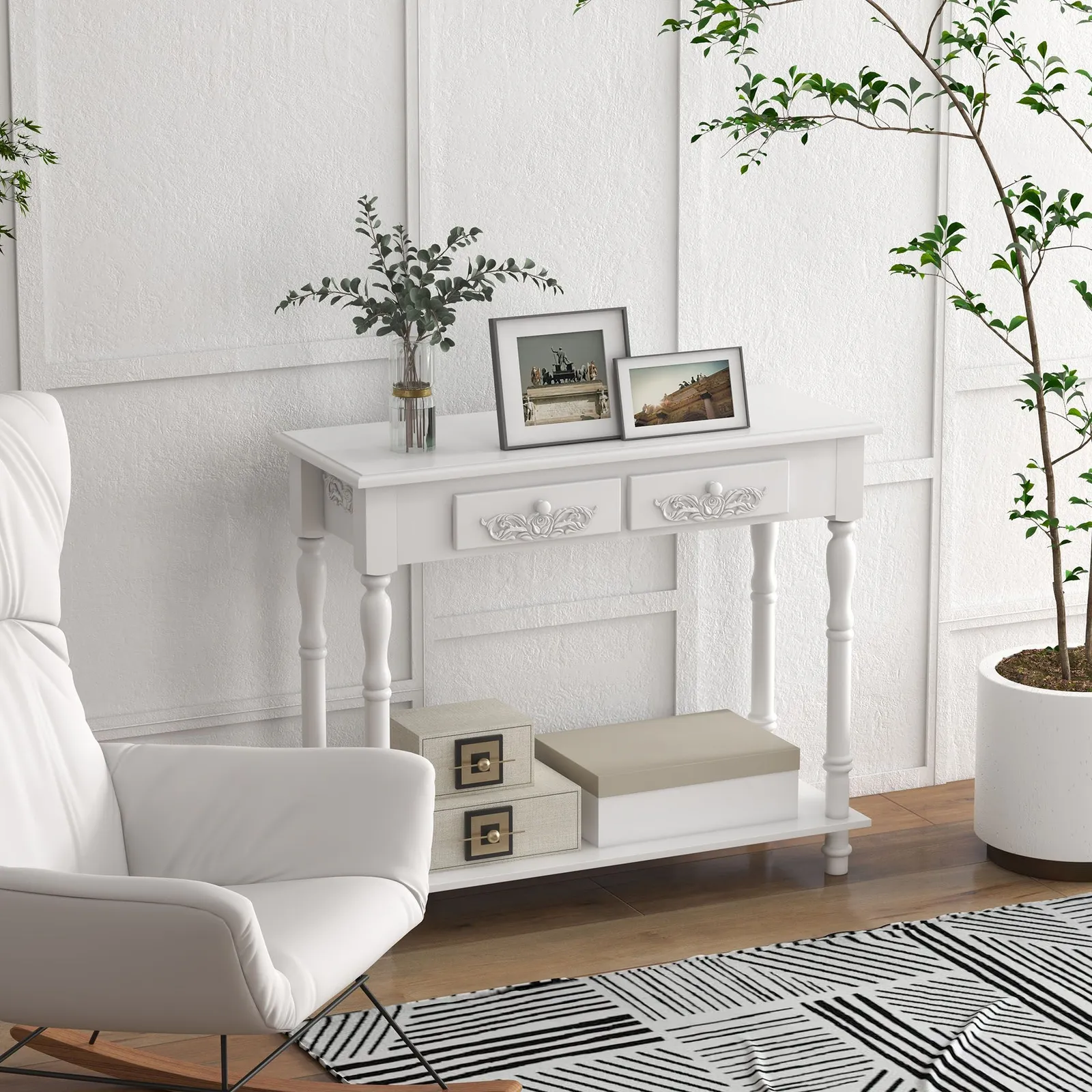 HOMCOM Console End Table Entryway Cupboard 2 Drawers Storage in White 2