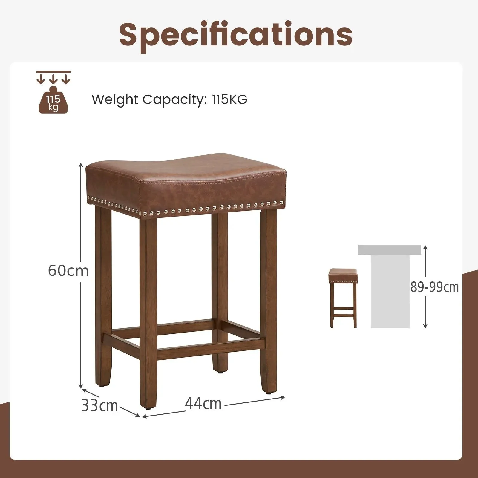 Costway Set of 2 Bar Stools Upholstered Counter Height Saddle Stools PU Leather 60cm in Brown 2