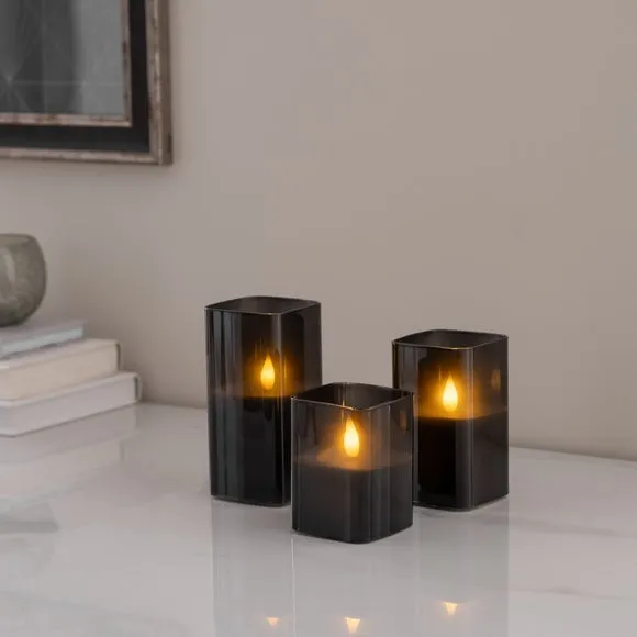 Set of 3 Square Glass LED Pillar Candles