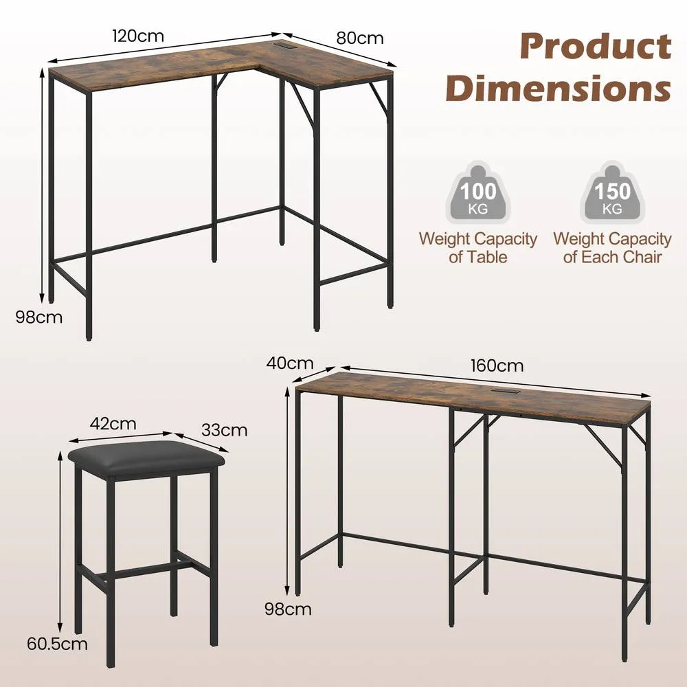Costway 3-Piece Bar Table & Chair Set L-Shaped Table 2 AC Outlets in Brown 2