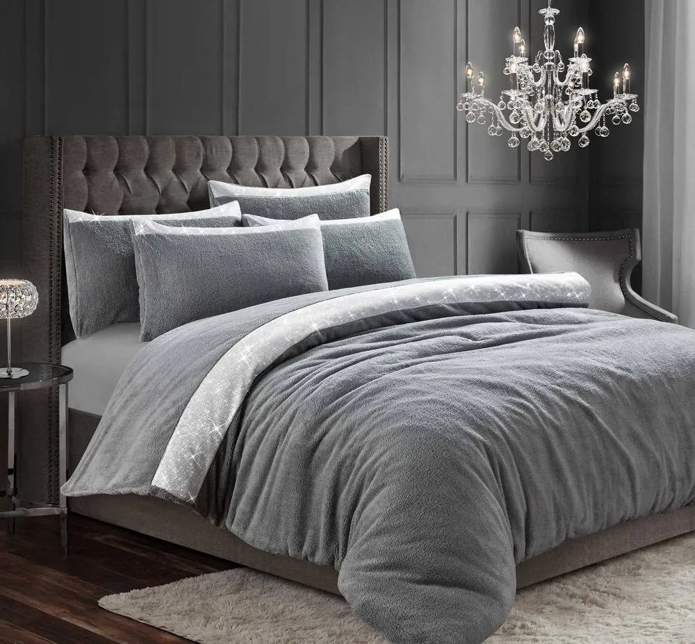 Velosso Beaux Shimmer Teddy Warm & Cosy Duvet Cover & Pillowcase Set in Silver