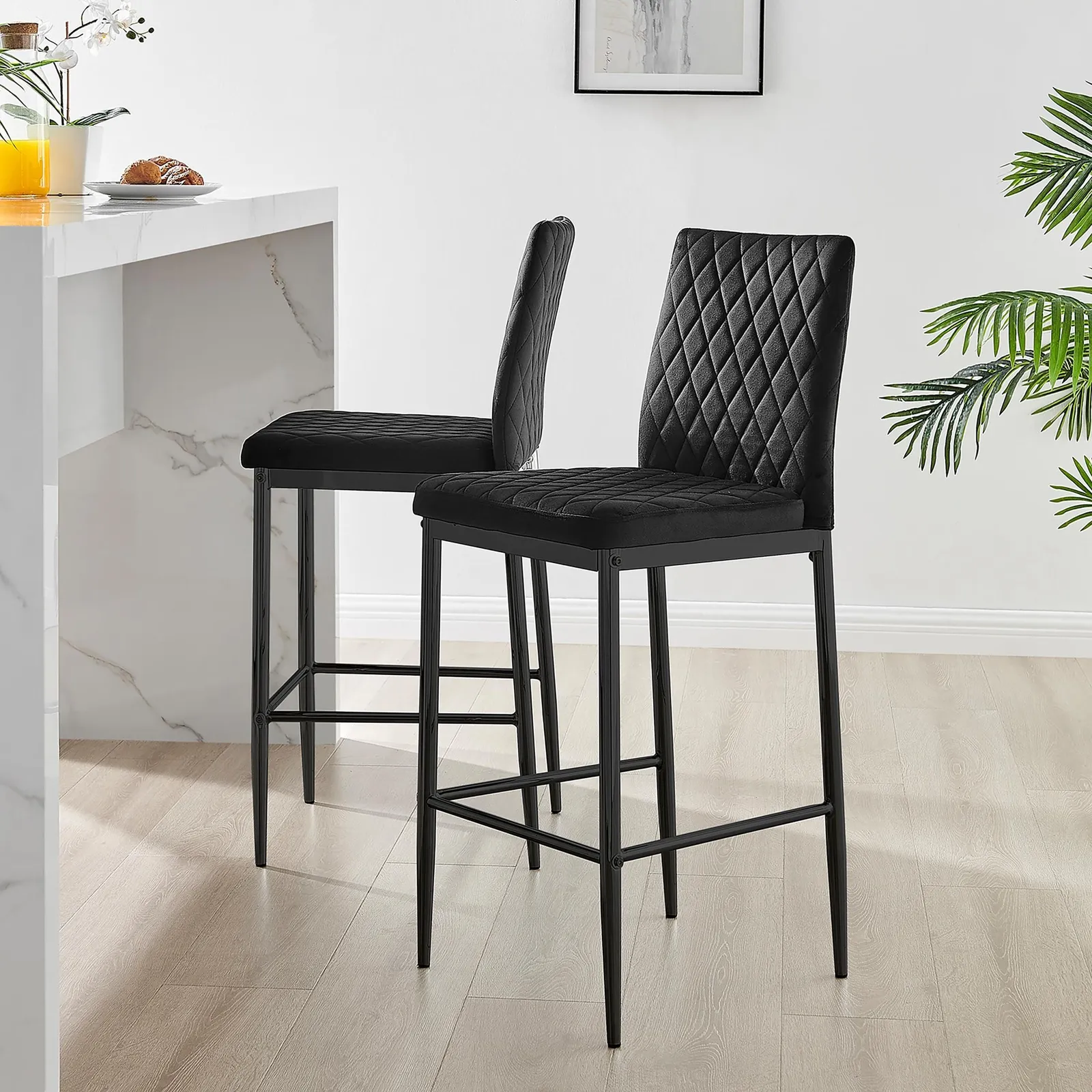 FurnitureboxUK Set of 2 Milan Soft Touch Hatched Velvet Padded Counter Stools With Black Metal Legs