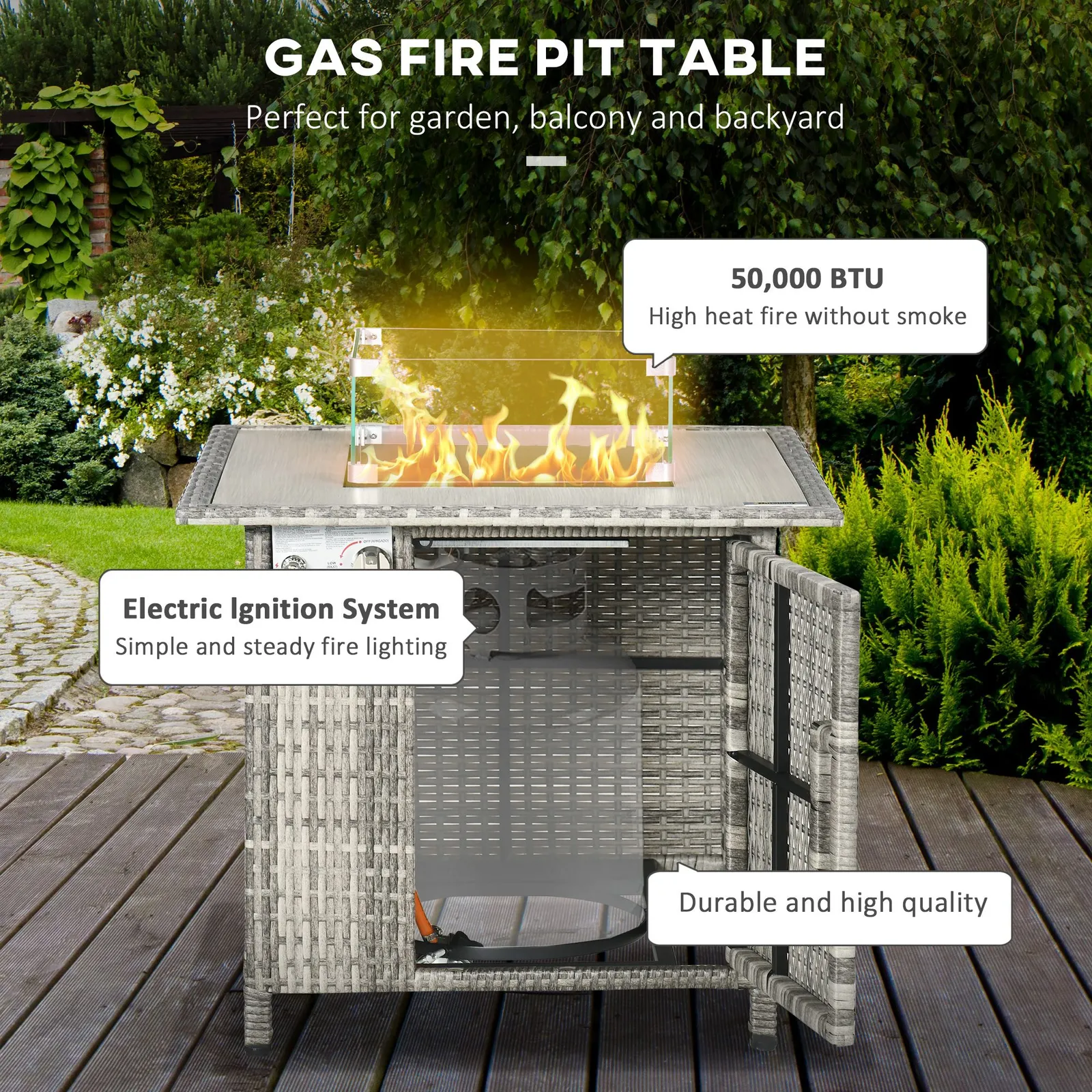 OUTSUNNY Rattan Gas Fire Pit Table with Rain Cover, Windscreen & Lava Stone, 50, 000 BTU in Grey 4