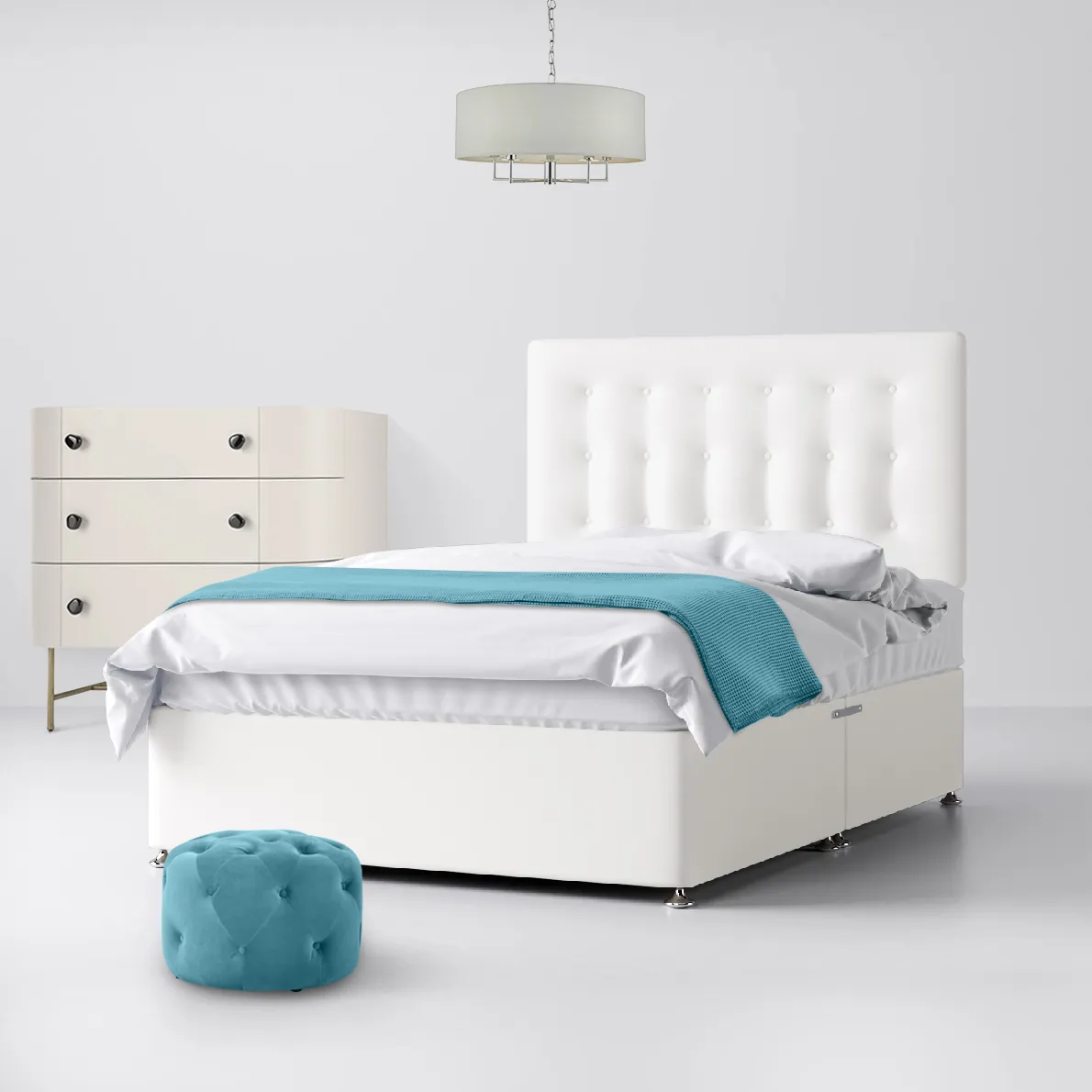 Cornell Buttoned White Fabric No Drawer Divan Bed - 4ft Small Double
