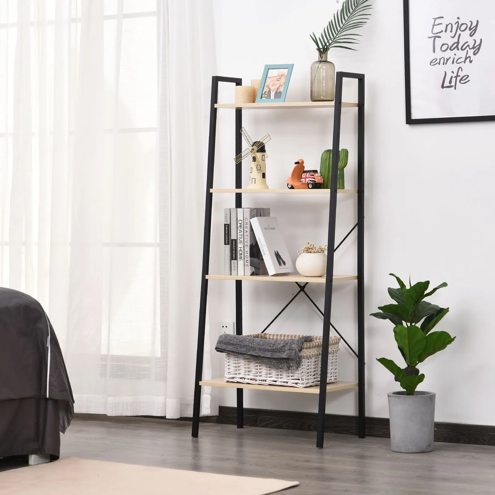 HOMCOM 4-Tier Minimalistic Ladder Shelf Unit Steel Frame Home Display Storage in Beige