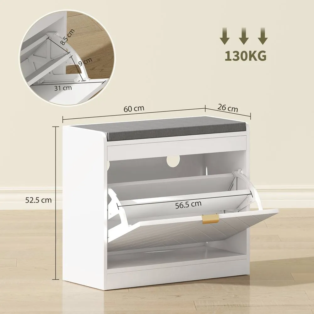 HOMCOM Shoe Bench with 1 Flip Drawer, Cushion, 5 Pairs for Entryway White 3
