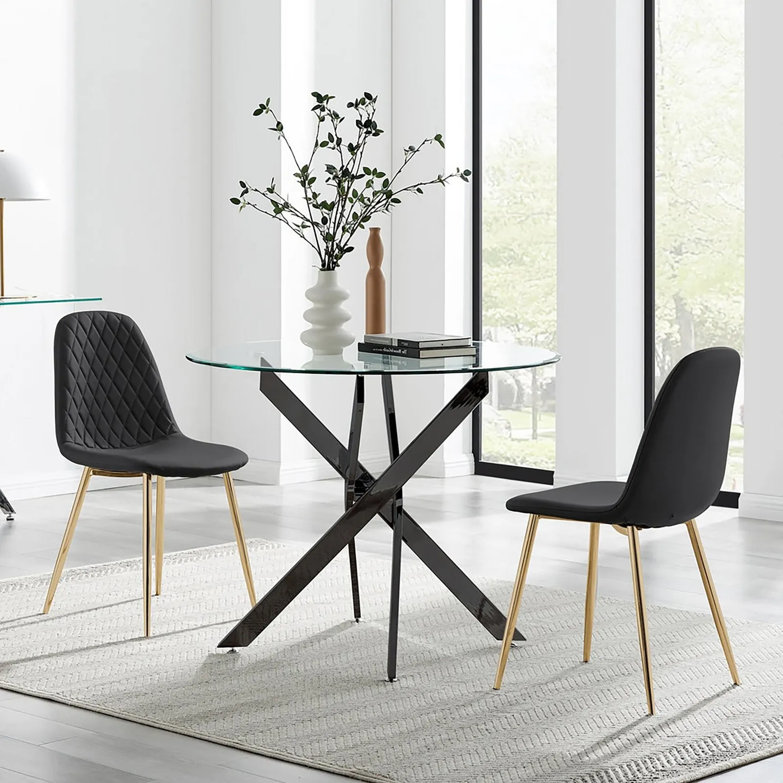 FurnitureboxUK Novara 100cm Round Black Leg Dining Table & 2 Corona Gold Chairs 1