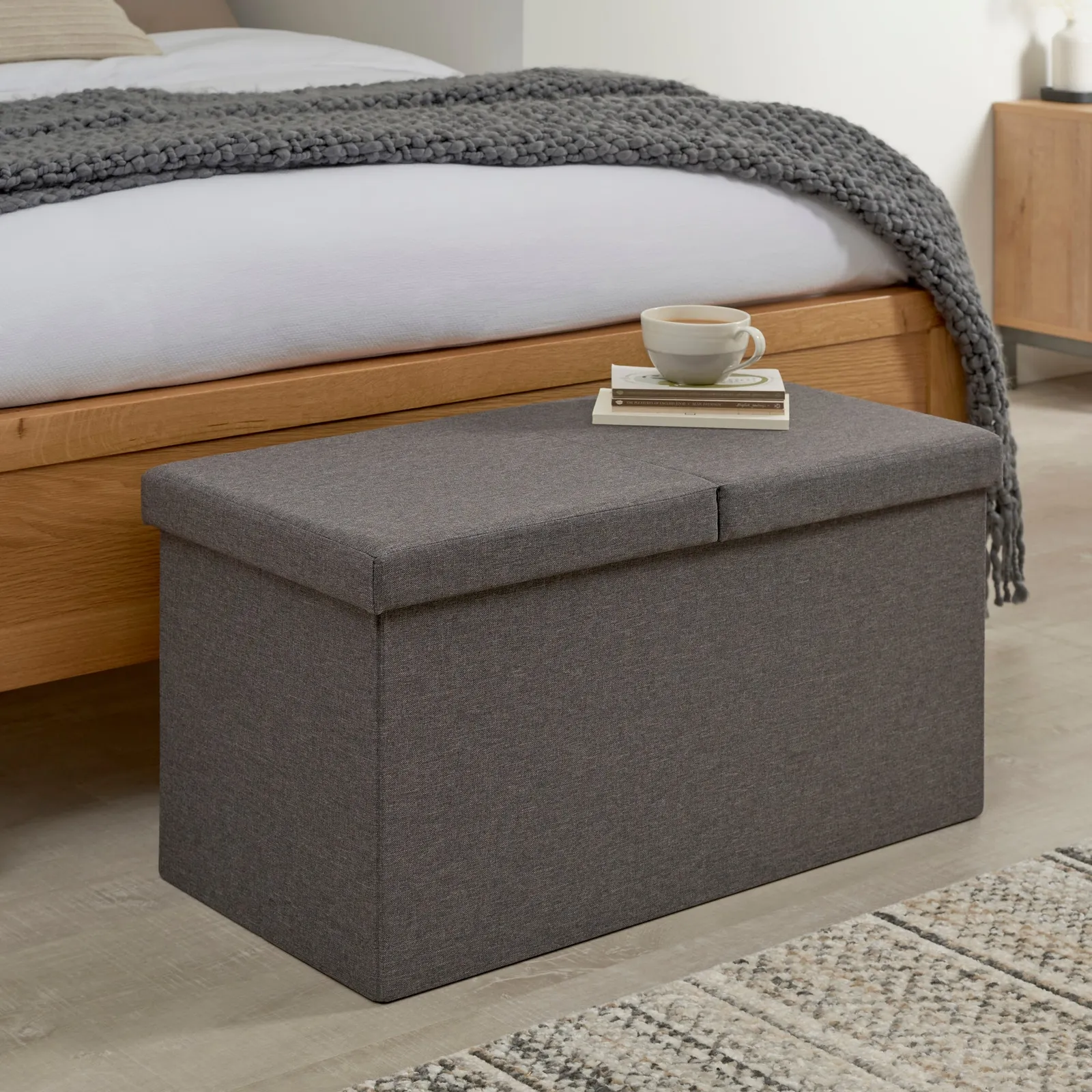 Split Lid Grey Ottoman Faux Linen Grey