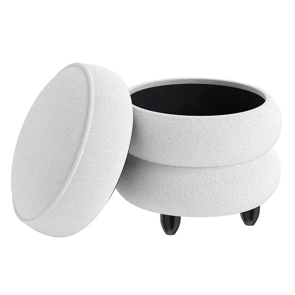 Costway Modern Round Storage Ottoman Chenille Footstool w/ Removable Lid in White 2