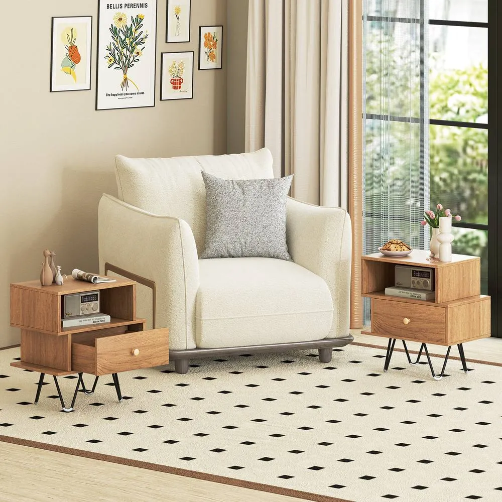 Costway Nightstand Set of 2 Mid Century Modern End Tables with Drawer-Natural in Brown 5
