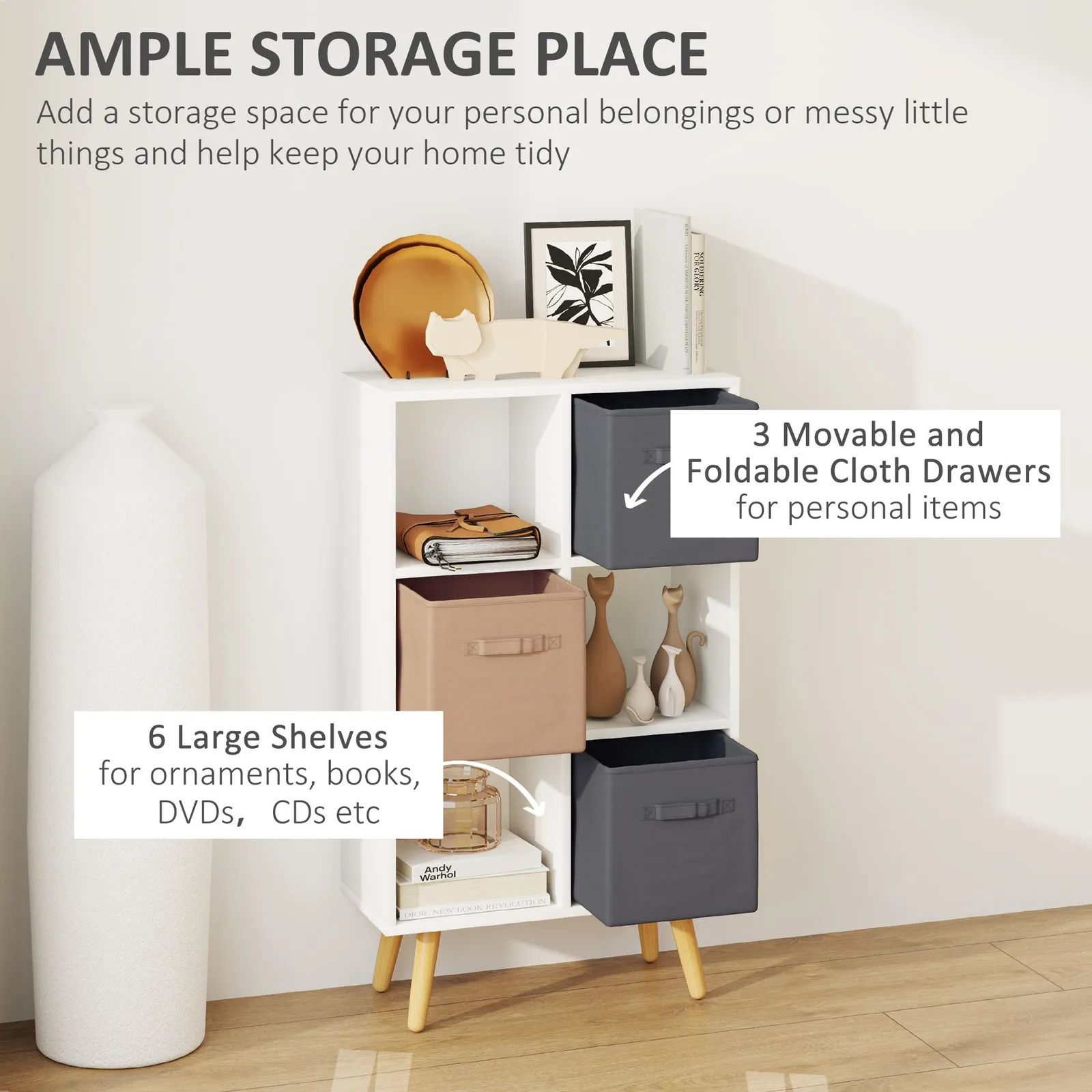 HOMCOM Freestanding 6 Cube Storage Cabinet Unit Bookcase w/ 3 Drawer White 4