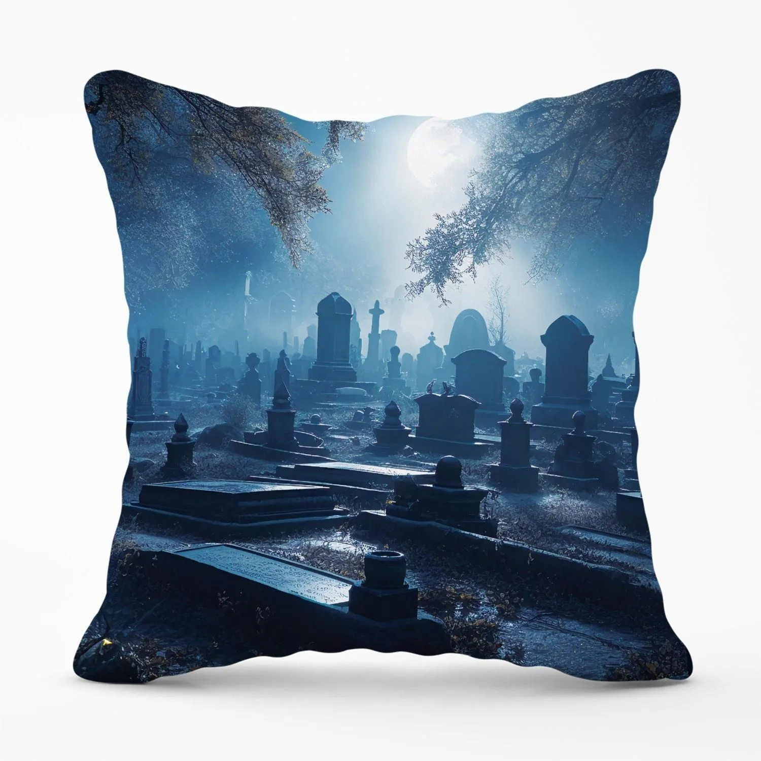 Warren Reed - Designer A Breathtaking Scene Of A Moonlit Graveyard Outdoor Cushion in Blue