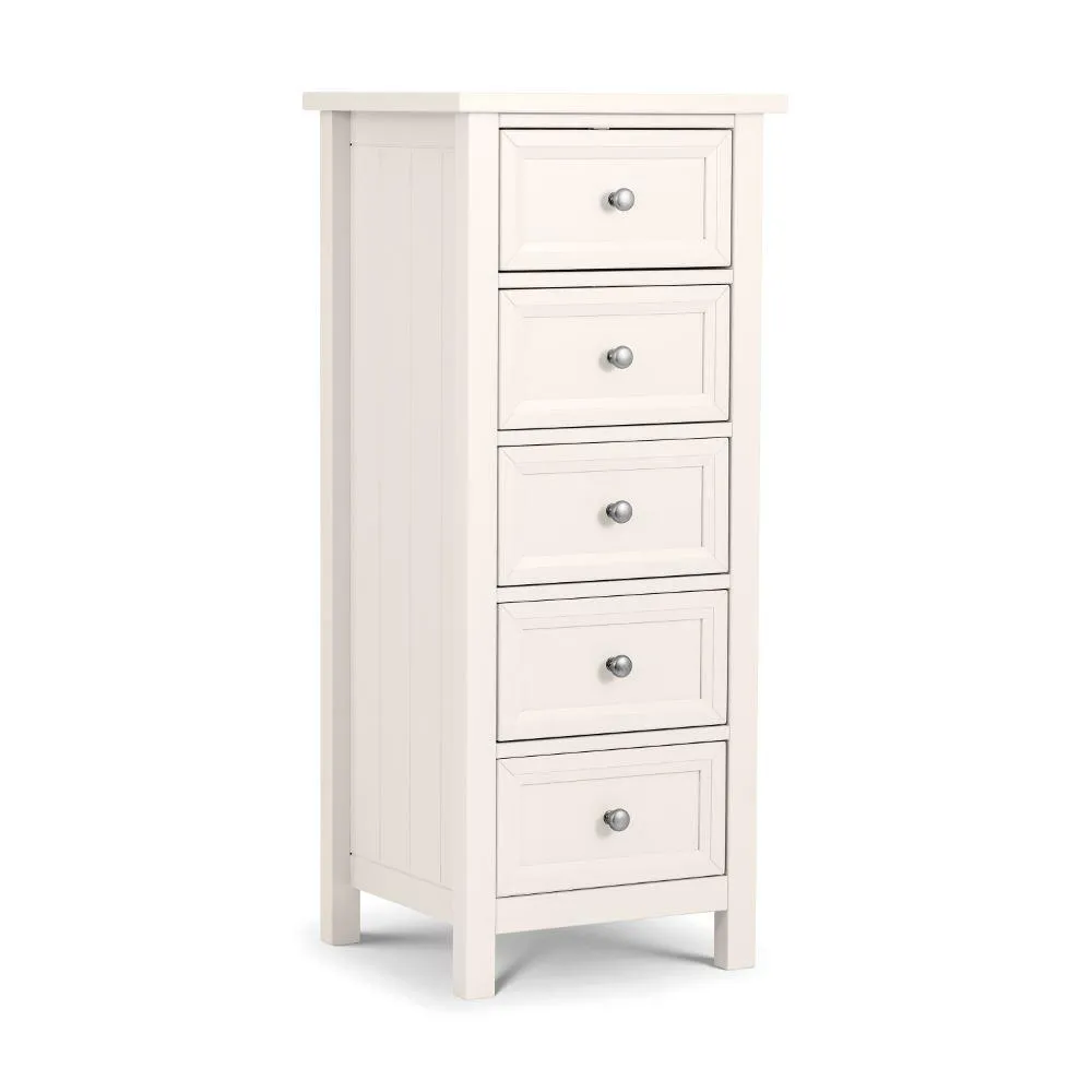Maine - 5 Drawer Tall Chest - White - Wooden - Happy Beds