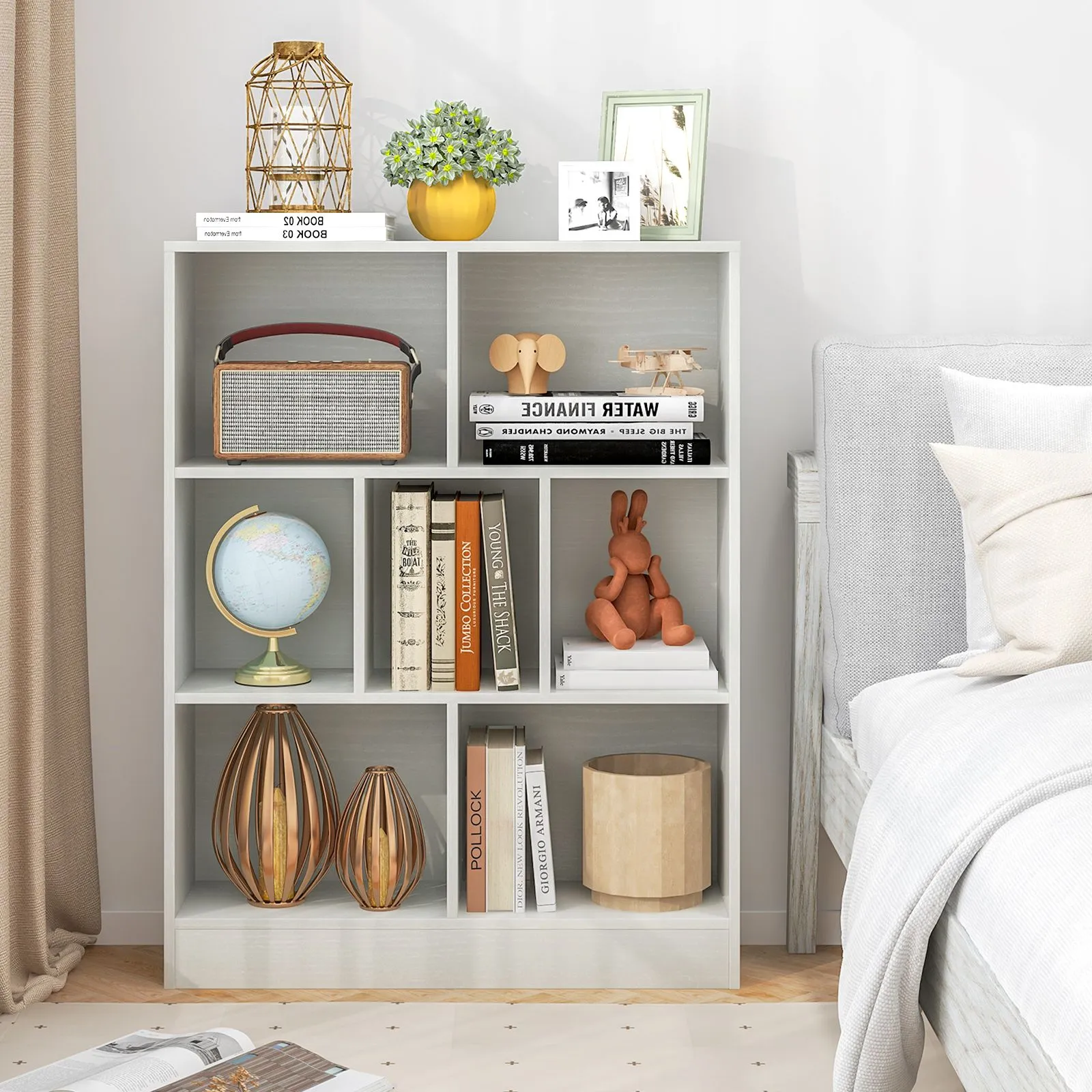 Costway 7-Cube Bookshelf 3-Tier Cubby Storage Organizer Wooden Cube Bookcase in White 3