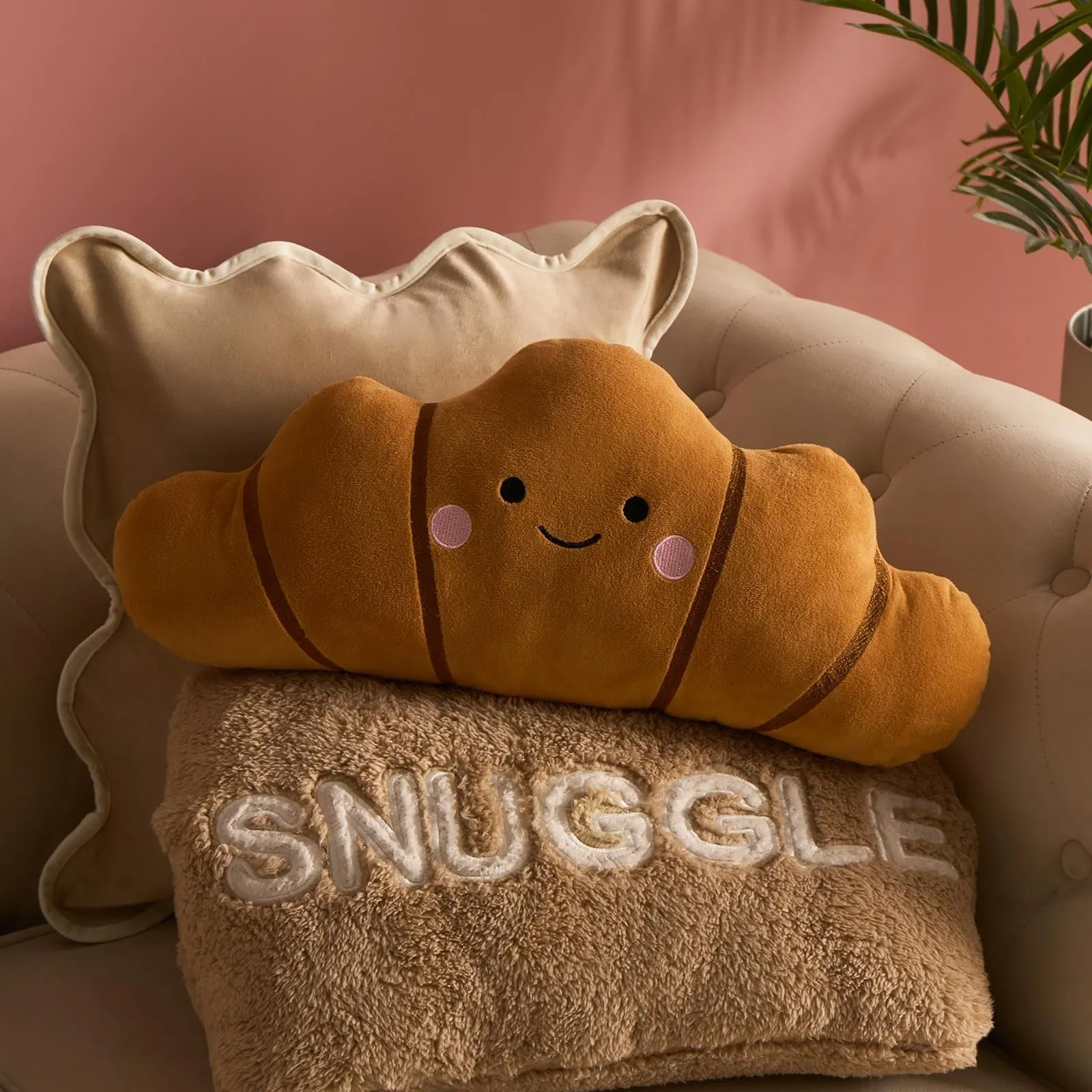 OHS Croissant Shaped Cushion Soft Plush Decorative Pillow, Brown