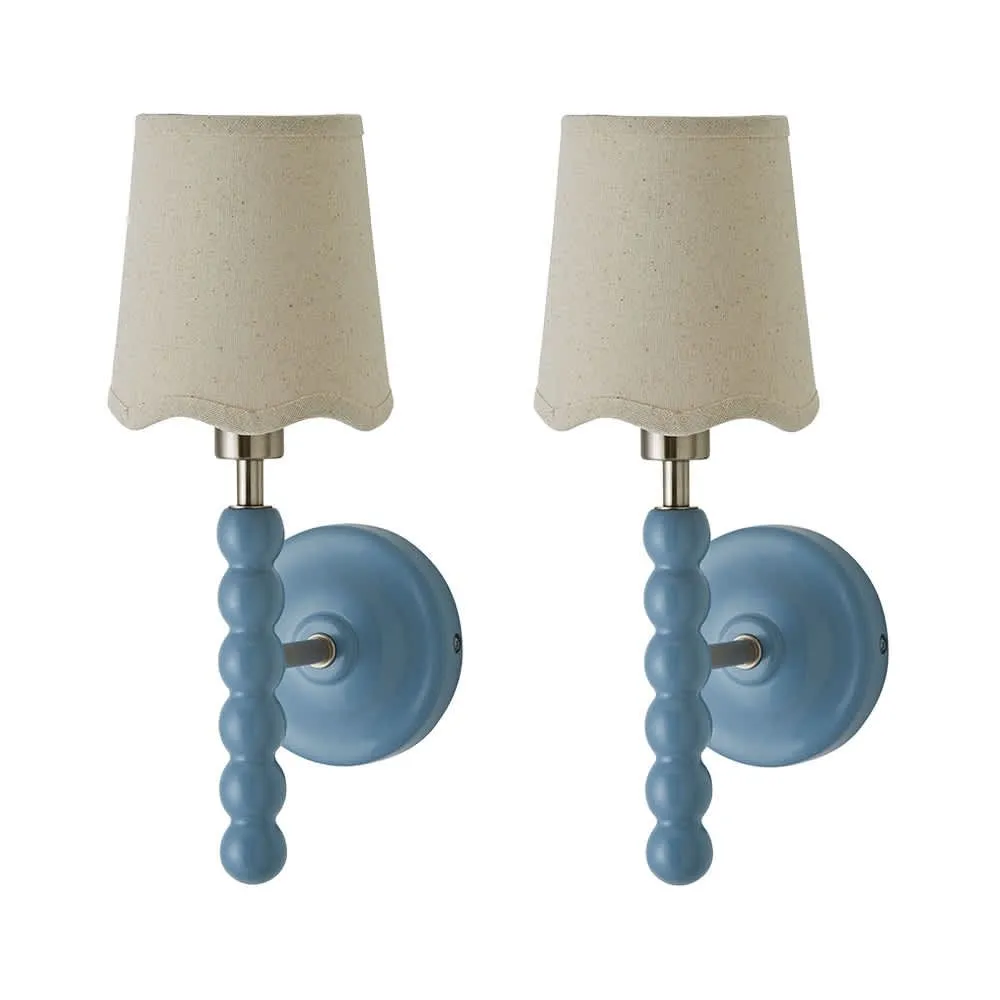 ValueLights Bobbins Pair of Pastel Wall Lights & Natural Linen Trim Lamp Shades in Pale Blue 1