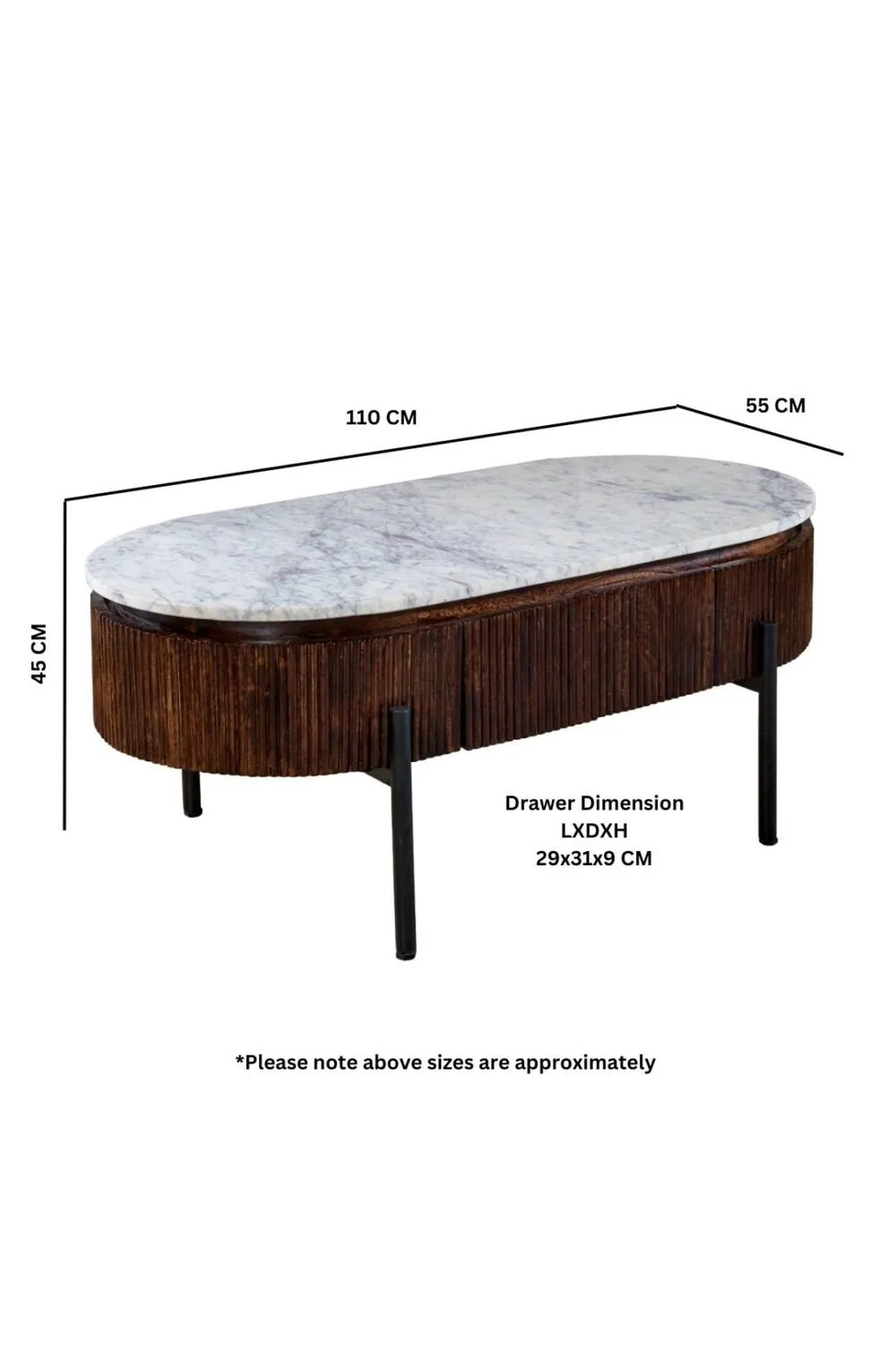 IH Design Farleigh Mango Wood Fluted Coffee Table Marble Top in White 5