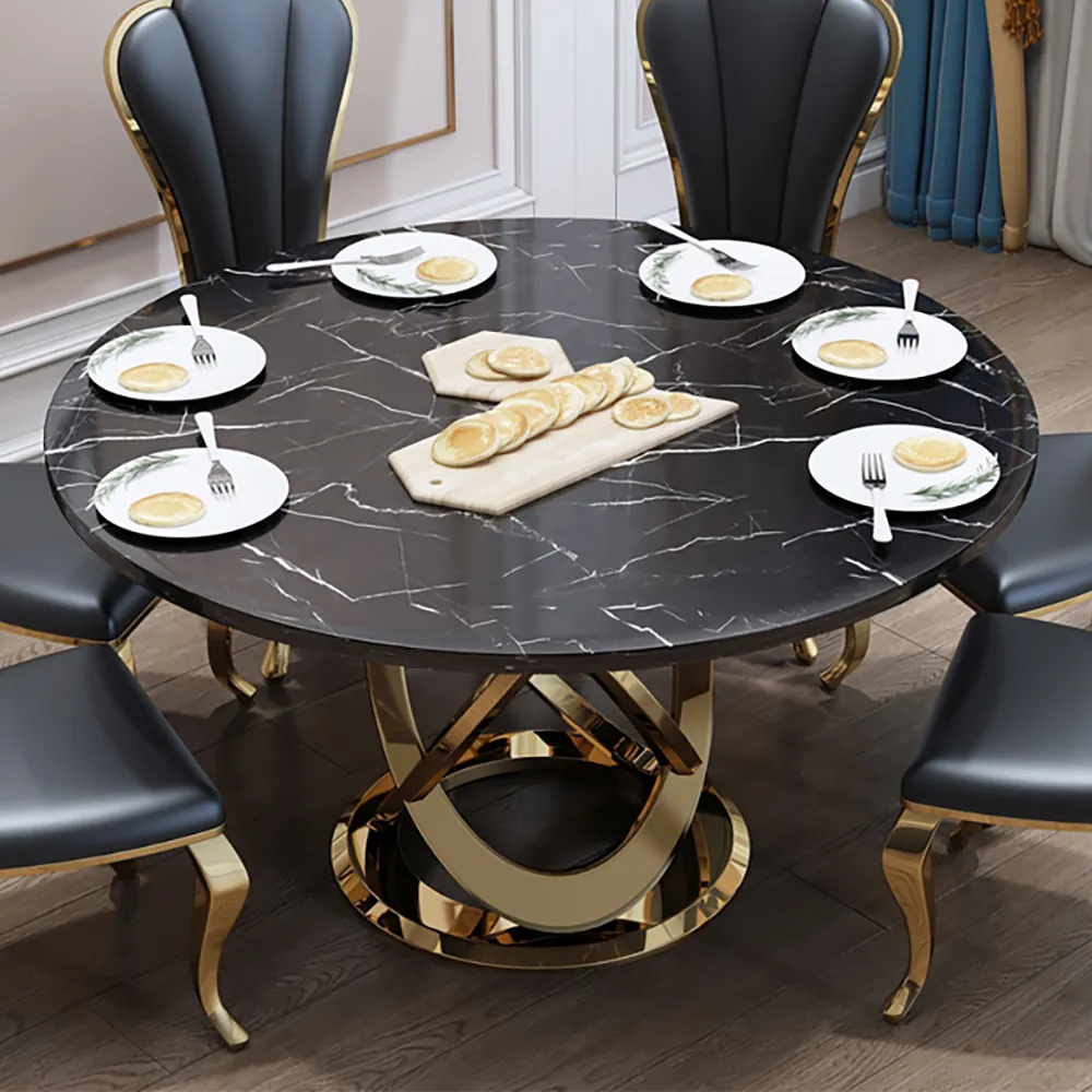 51" Modern Black & Gold Round Marble Dining Table with Stainless Steel Pedestal