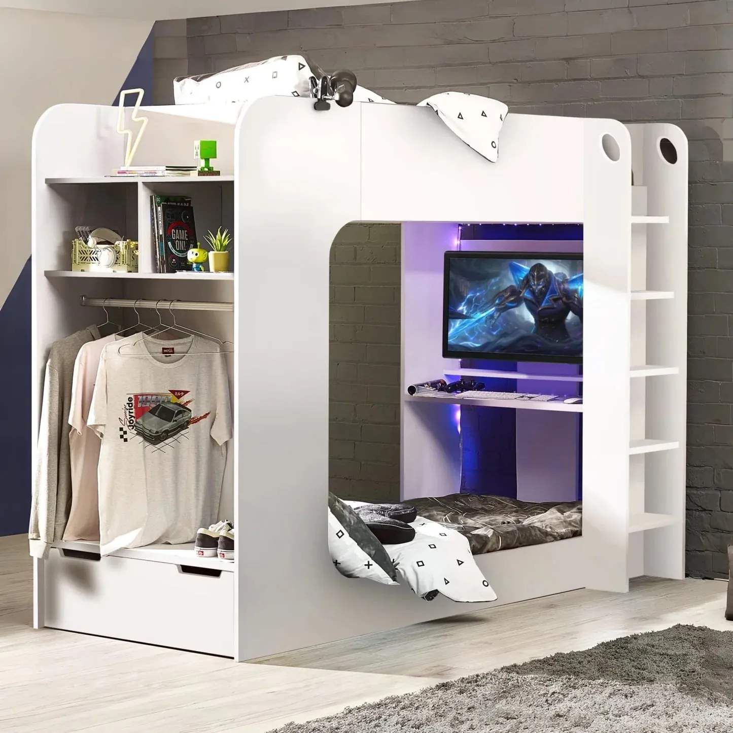 Impact - Single - Gaming Bunk Bed - White - Wood - 3ft - Happy Beds
