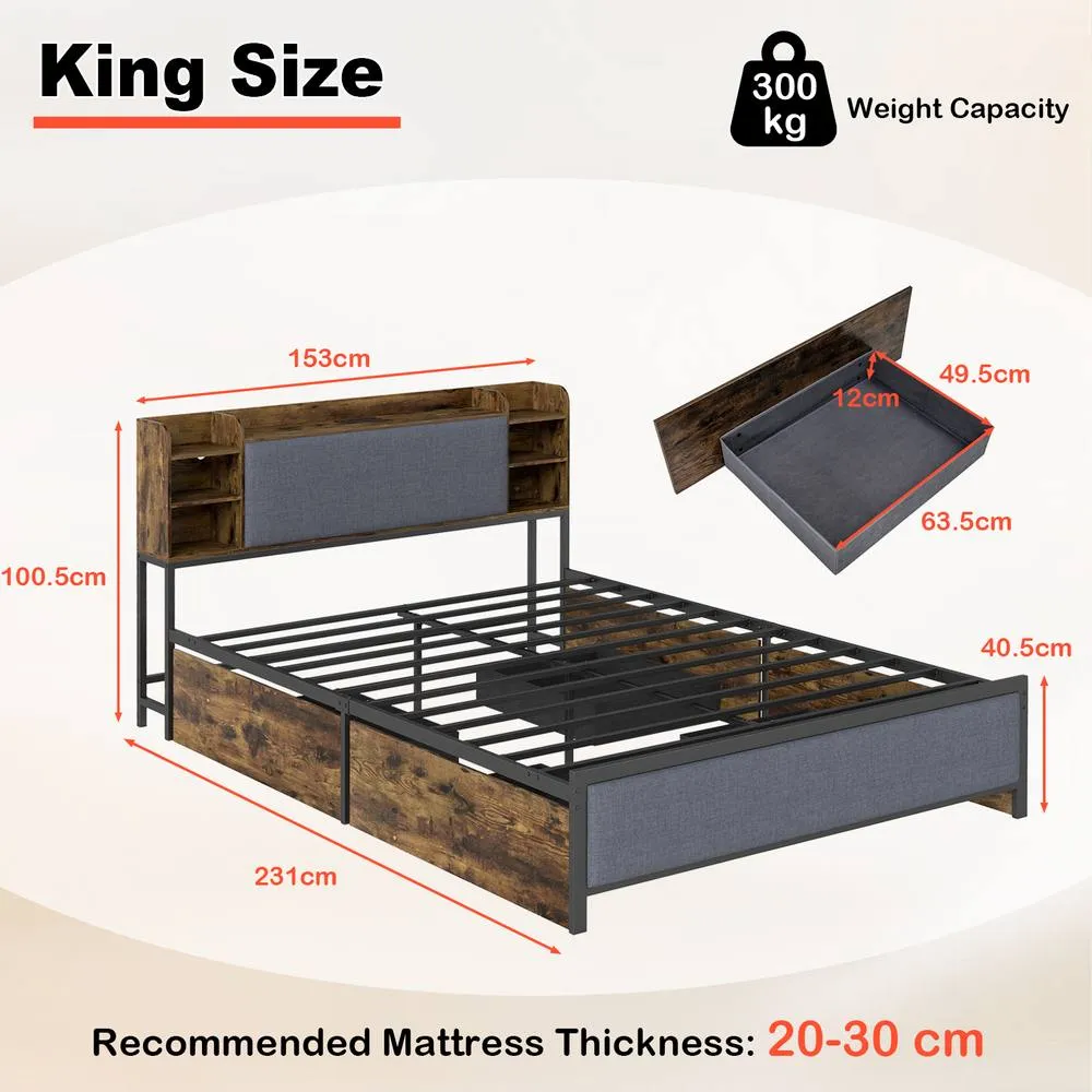 Costway King Size Bed Frame w/ LED Lights & Charging Station Platform Bed in Brown 2