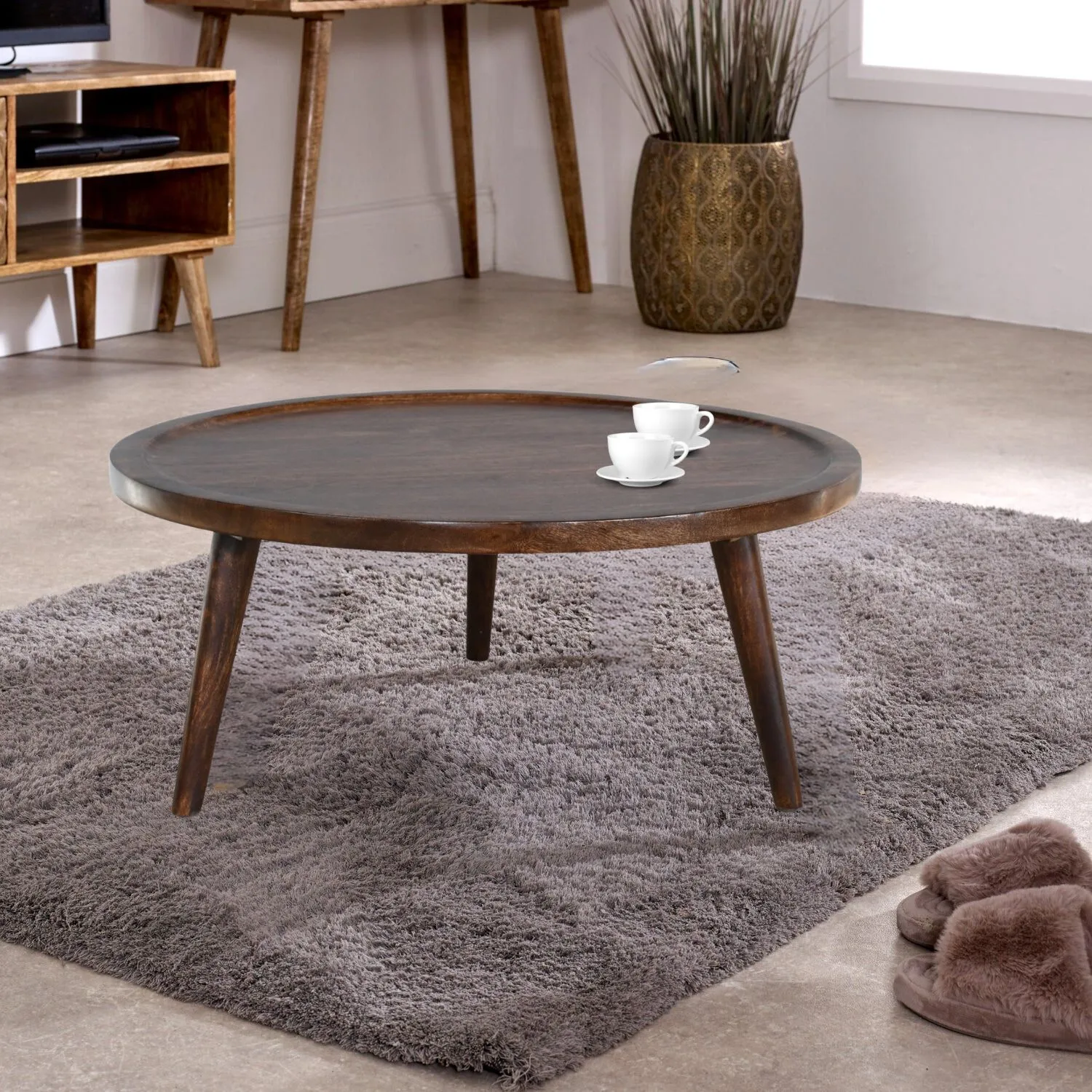 IH Design Dark Mango Wood Round Low Coffee Table in Brown 6