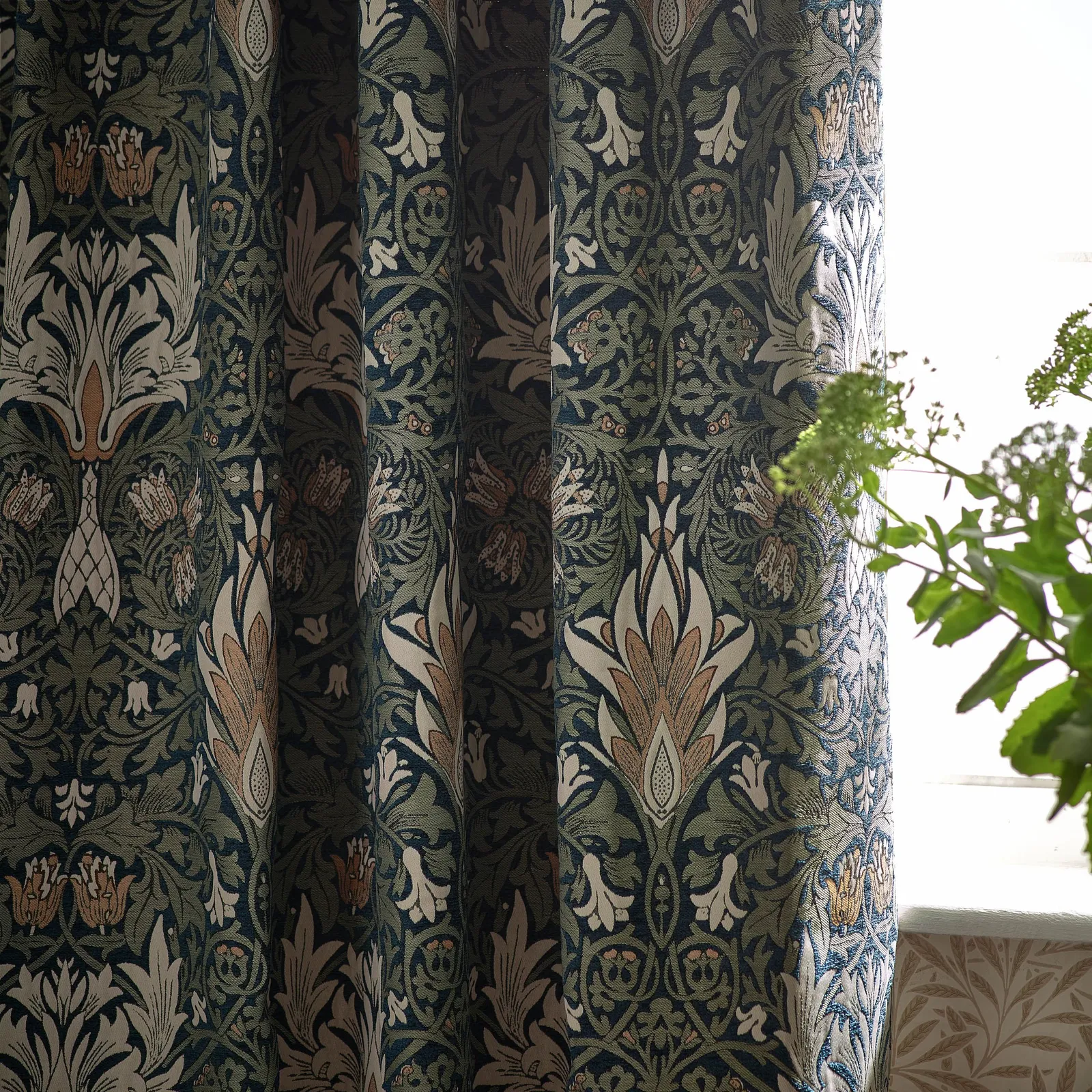 Morris & Co Snakeshead Jacquard Chenille Room Darkening Pencil Pleat Curtains in Indigo 3