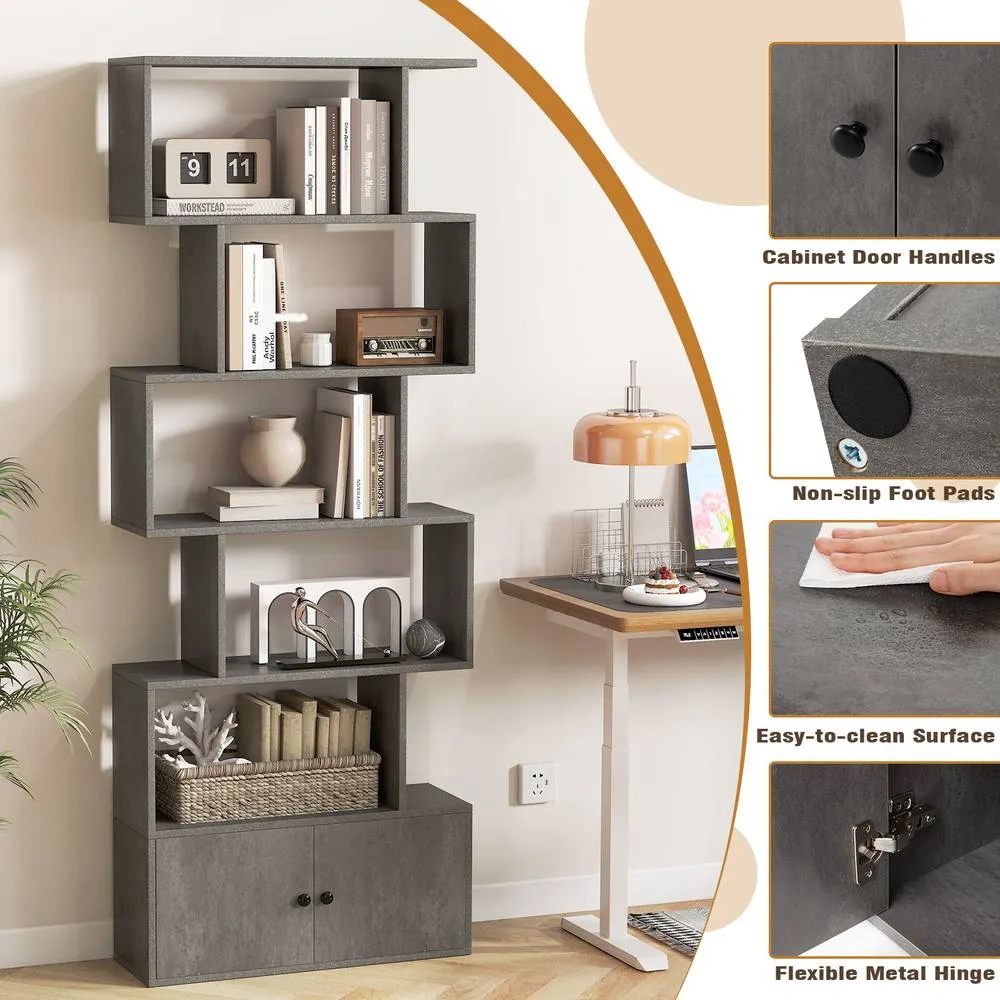 Costway 6-Tier Bookshelf w/ Cabinet S-Shaped Bookcase Shelf Storage Organizer in Grey 5