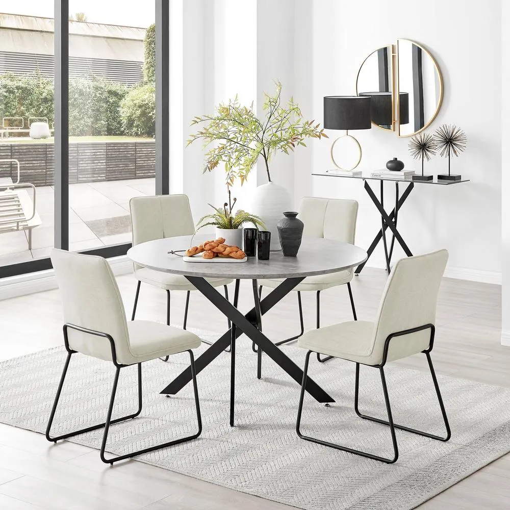 FurnitureboxUK Novara Grey Concrete Effect Black Leg 120cm Round Dining Table & 4 Halley Chairs in Cream 1