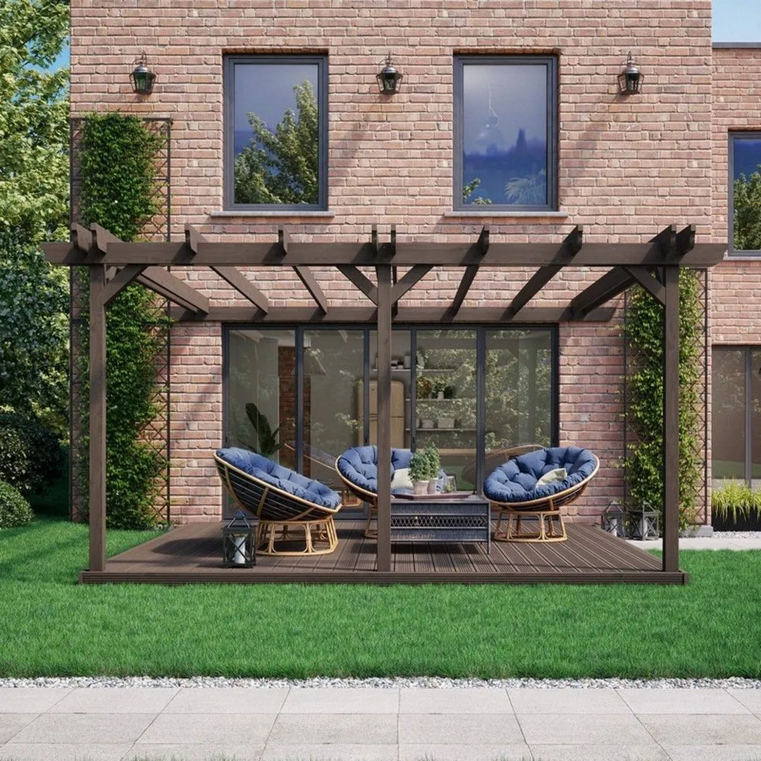 Rutland County Garden Furniture Ltd Wall Mounted Double Garden Pergola & Decking Kit, W420cm, Green in Brown 3