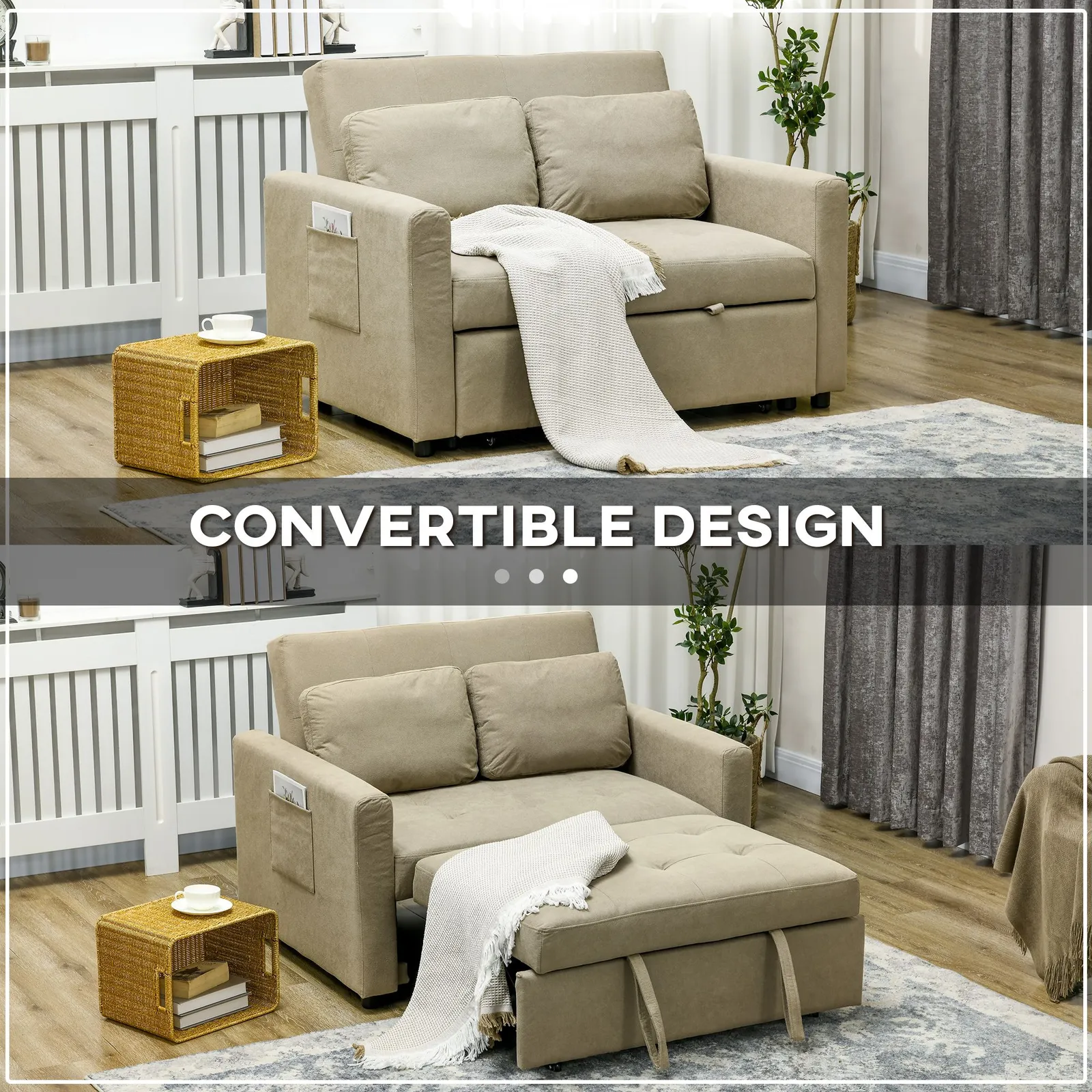 HOMCOM 2 Seater Sofa Bed Convertible Bed Settee with Cushions, Pockets in Brown 4